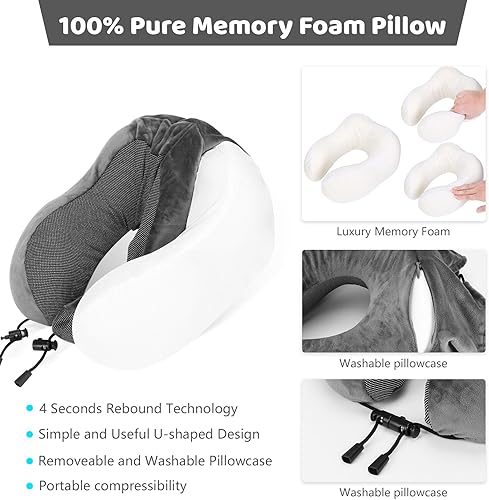 Miniatura 5 de wowpower Almohada cervical de viaje en avión, espuma viscoelástica 100% pura (rebote de 4 segundos) en el soporte de la cabeza, almohada cervical