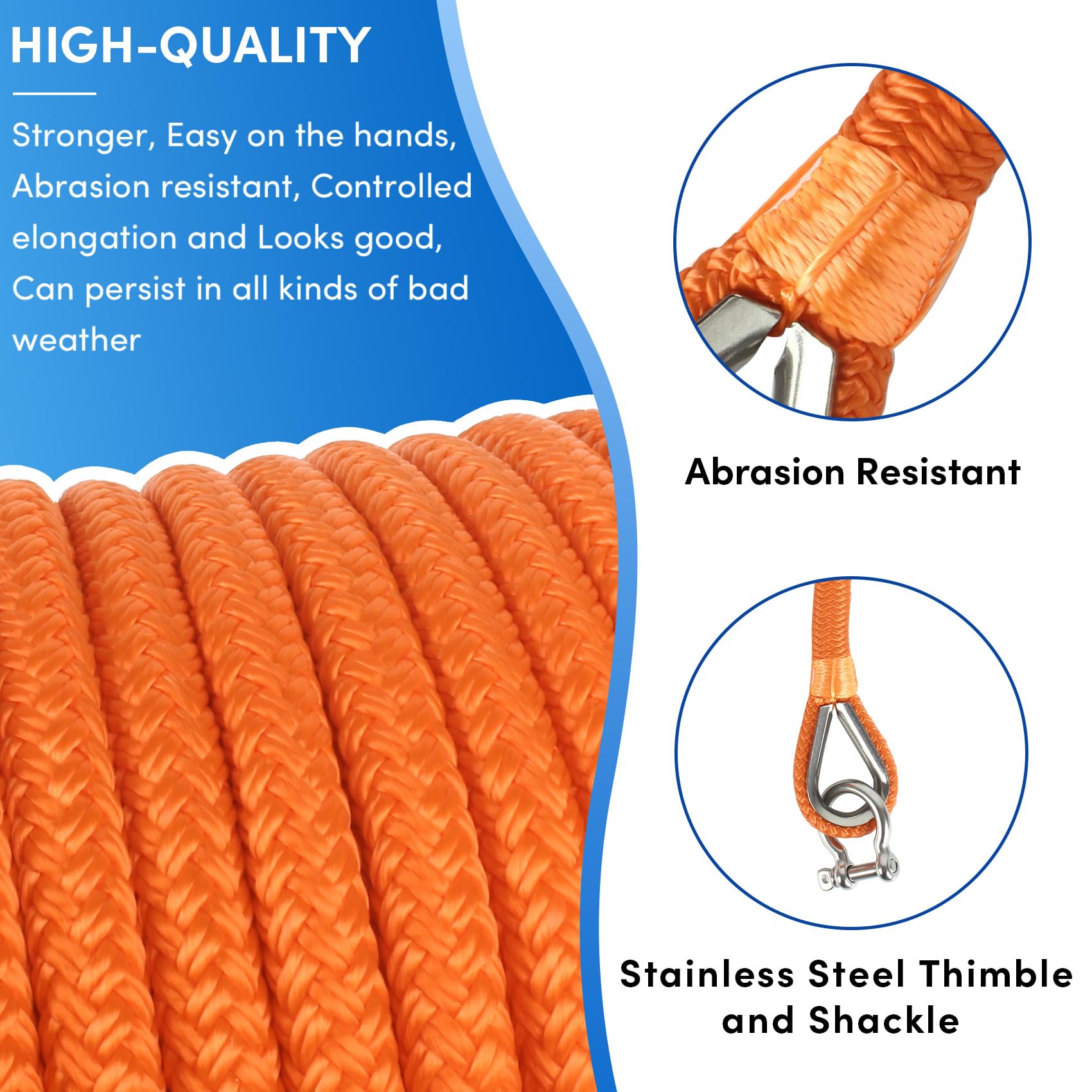 Bootsankerseil, 30,5 m x 1,27 cm, Orange, doppelt geflochtene Ankerleine mit Edelstahl-Fingerhut und Bügel, Marineseil, ideal zum Abschleppen, Festmachen, Decks, Verankern, für Boote bis zu 90