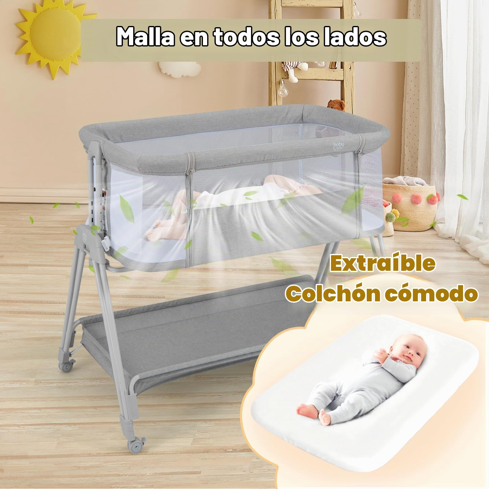 LIFEZEAL Plegable Cuna Colecho 97 x 56 x 71,5-86,5 cm, Cuna de Viaje con Estante de Almacenamiento, Cunas para Bebes con Ruedas, Carga 9 kg