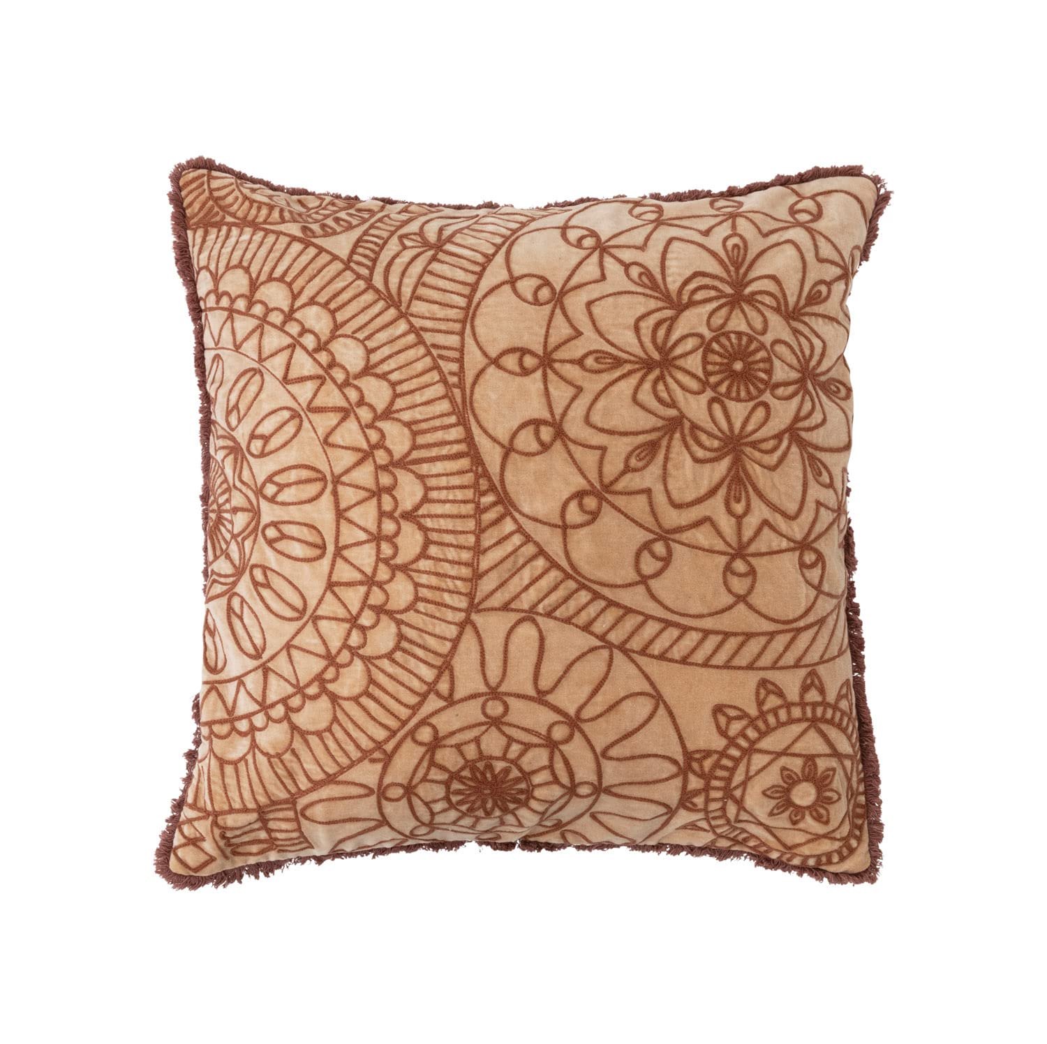 Creative Co-Op Stonewashed Cotton Velvet Embroidery, Chambray Back and Eyelash Fringe Pillow, 20" L x 20" W x 2" H, Multicolor