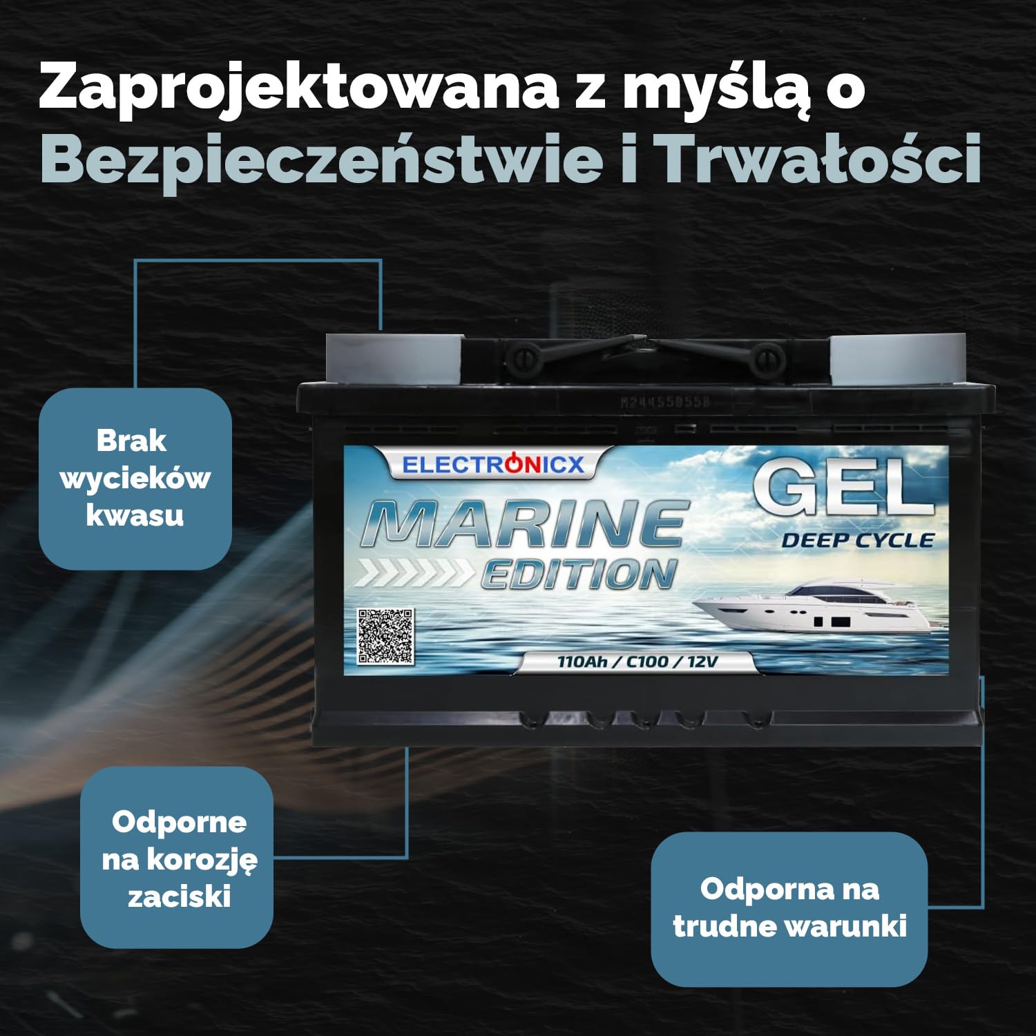 Electronicx GEL Akumulator Zasilający 12V 110Ah / 110 Ah Marine Edition – Technologia GEL, 315x175x190 mm, Biegun dodatni po prawej stronie, Deep Cycle – do łodzi, instalacji solarnych,vanów