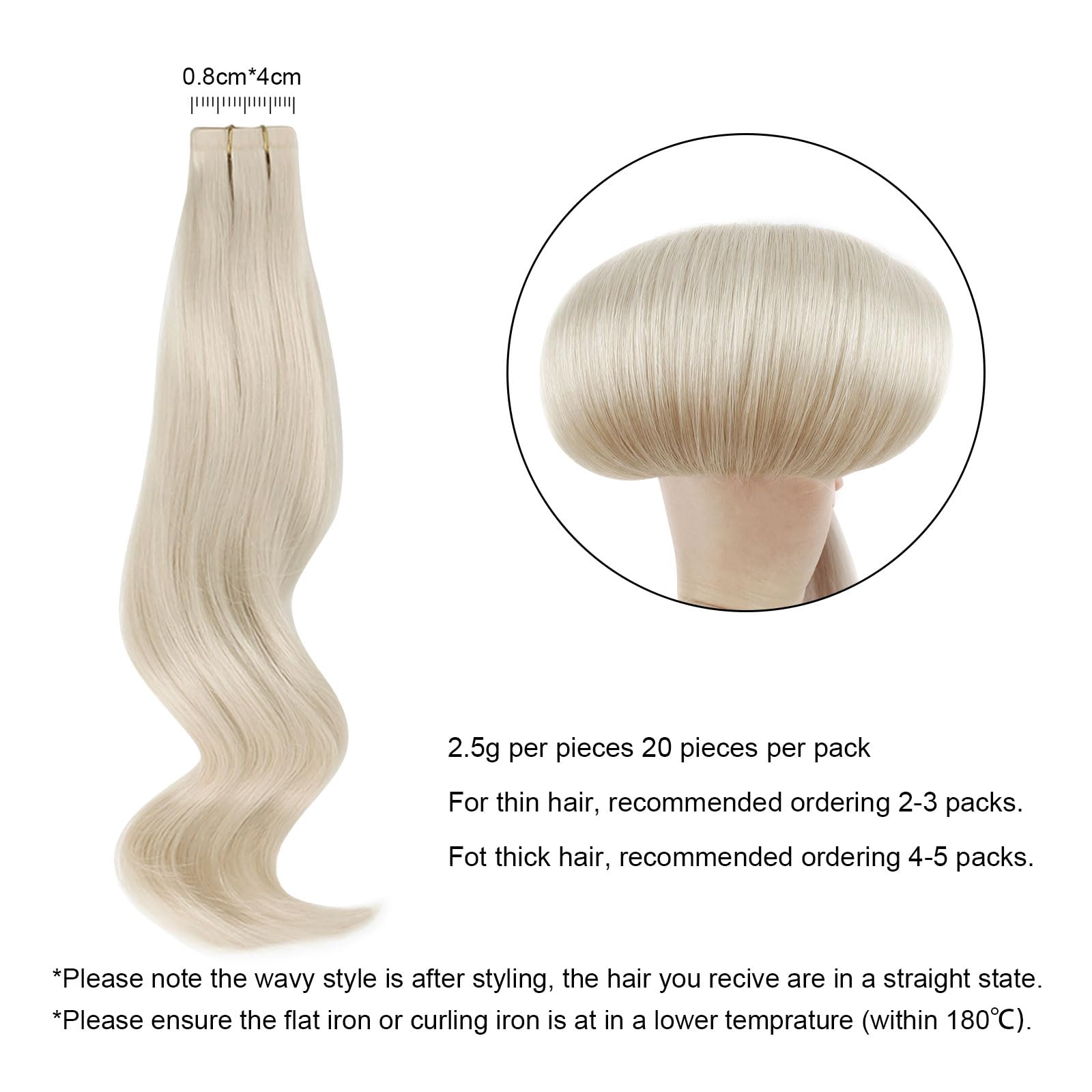 ABH AMAZINGBEAUTY HAIR Tape in Human Hair Extensions, White Blonde Color 1000 for Women, Invisible Tape on Real Remy Hair - Image 3