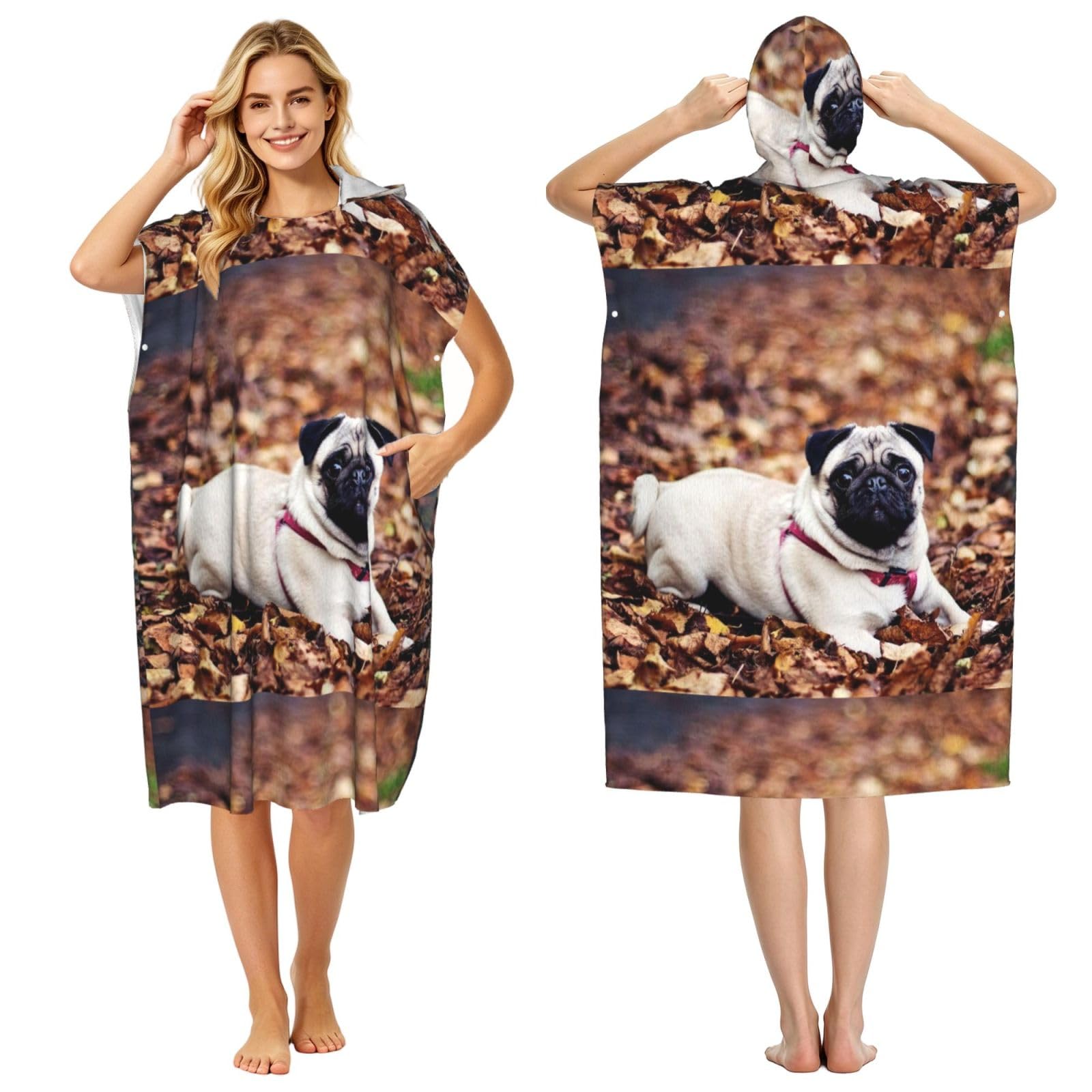 Poadnly Pug Puppy, Adult Hooded Beach Towel 90 x 110 cm,Changing Bath Robe, Surf Poncho Towel For Women Men