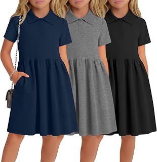 3 Pack Girls' Short Sleeve Dresses School Uniform Dress with Pockets Casual Basic Summer Tennis Dress Kids 7-16Y