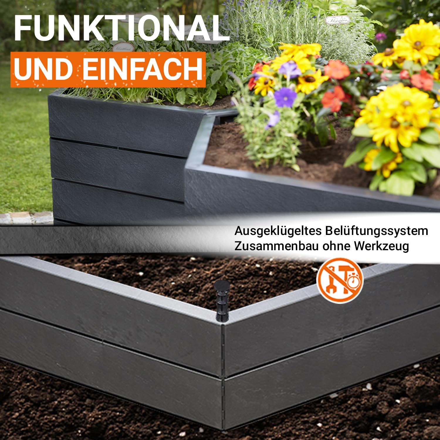 Garantia Ergo Hochbeet Stony L 75 ergonomisches Hochbeet Kunststoff | sechseckig anthrazit für Garten Gemüsebeet Kräuterbeet Pflanzenbeet dekorative Steinoptik wetterfest modular steckbar