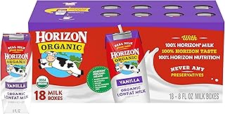 Horizon Organic Shelf Stable 1% Lowfat Vanilla Milk Boxes, 8 fl oz, 18 Count - 8g Protein per Serving, USDA Organic UHT, Ready to Drink for Lunchbox, Travel, or On-the-Go, No Refrigeration Needed