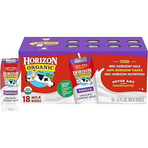 Horizon Organic Shelf Stable 1% Lowfat Vanilla Milk Boxes, Pack of 18 - 8g Protein per Serving