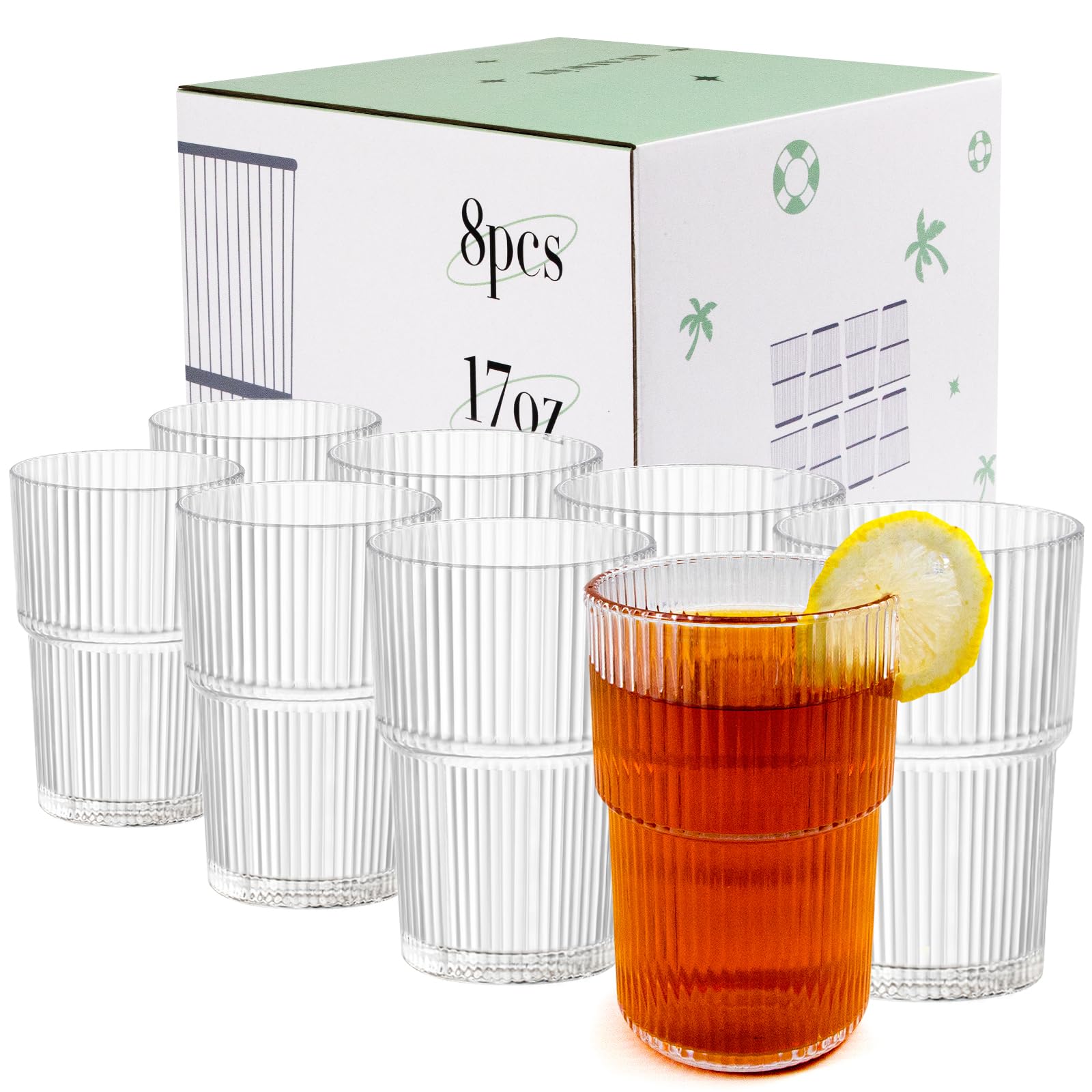 17oz Shatterproof Ribbed Glasses, Plastic Tumblers for Poolside – Clear Acrylic Cups, Stackable & Reusable, Dishwasher Safe Drinkware – Set of 8