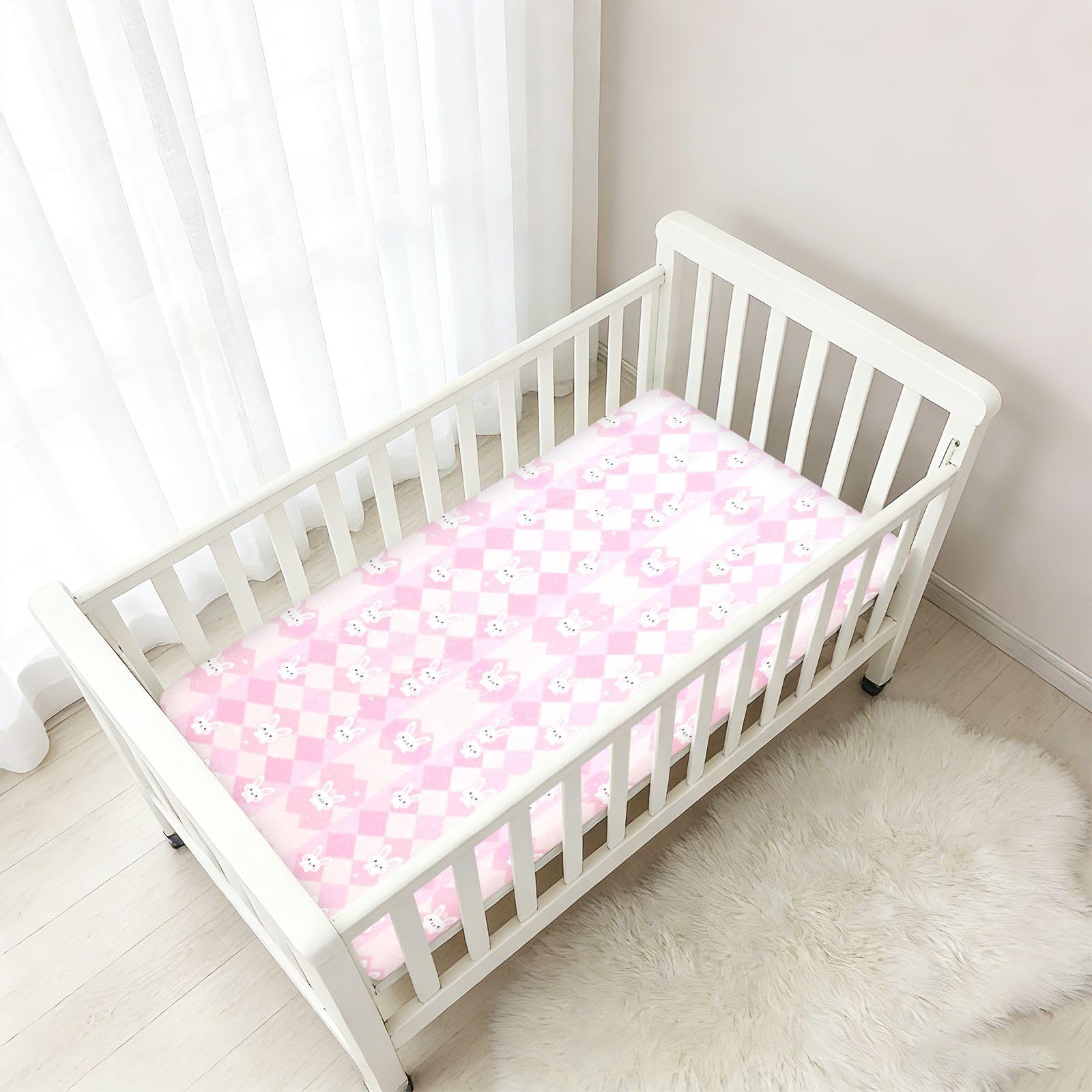 Sábanas de algodón para cuna de bebé, cómodas y transpirables, diseño de conejo pastel, melocotón, para decoración de guardería, 1 paquete de juego de sabanas para 52 x 28 pulgadas