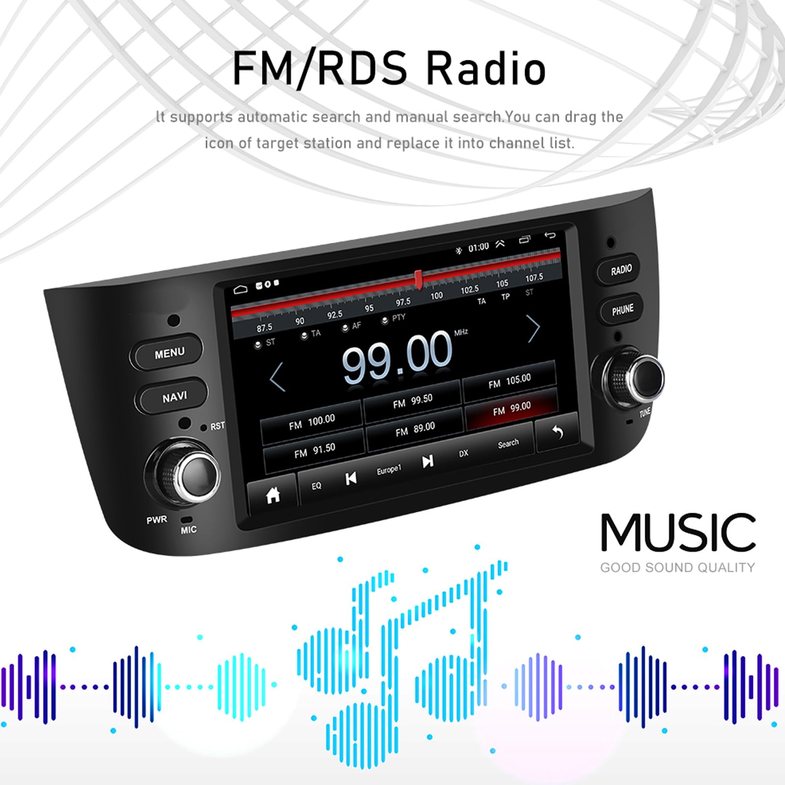 7 Pouces Double Din Carplay Android Auto Autoradio Compatible avec Fiat Punto Support Bluetooth/Mirror Link/GPS Navigation/SWC