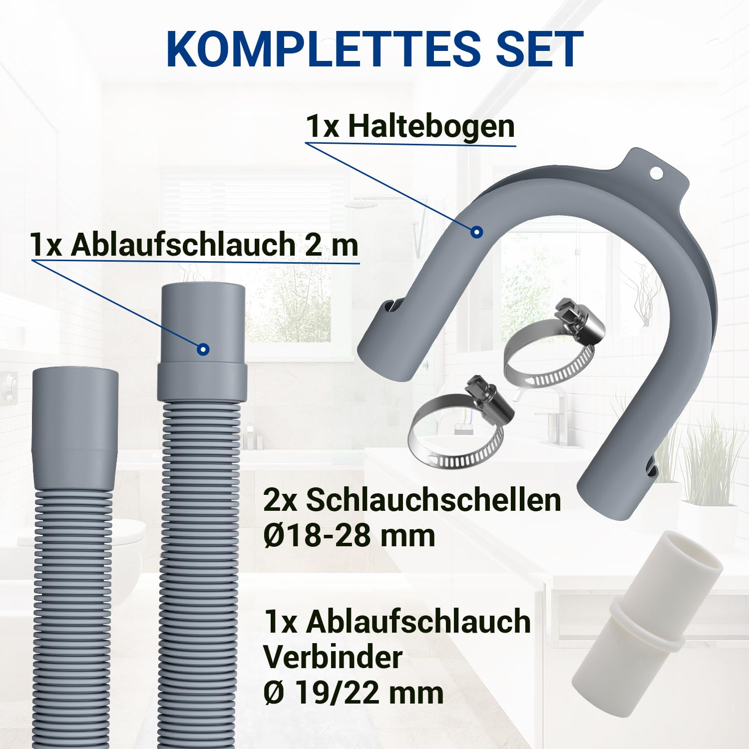 VIOKS Set Flexibler Abwasserschlauch Spülmaschine 2 Meter 19/22mmØ + 2x Klemmen Schlauchschellen Edelstahl 18-28mmØ + 1x Schlauch Verbindungsstück + 1x Haltebogen - Ablaufschlauch Waschmaschine Set