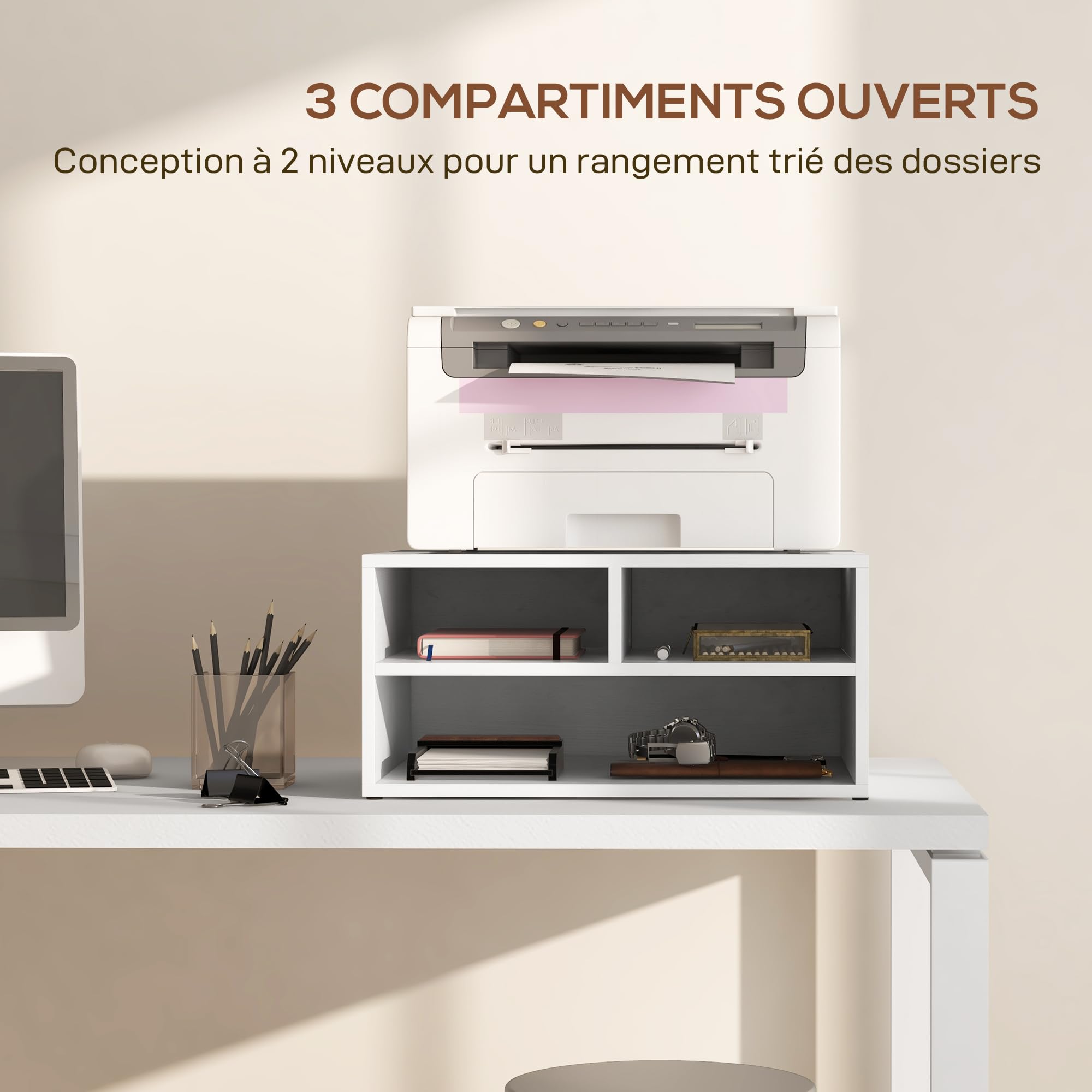 HOMCOM Support Imprimante 3 Compartiments 47x40x22,5 cm Blanc | Caisson de Bureau, Meuble de Rangement de Bureau, Meuble Imprimante