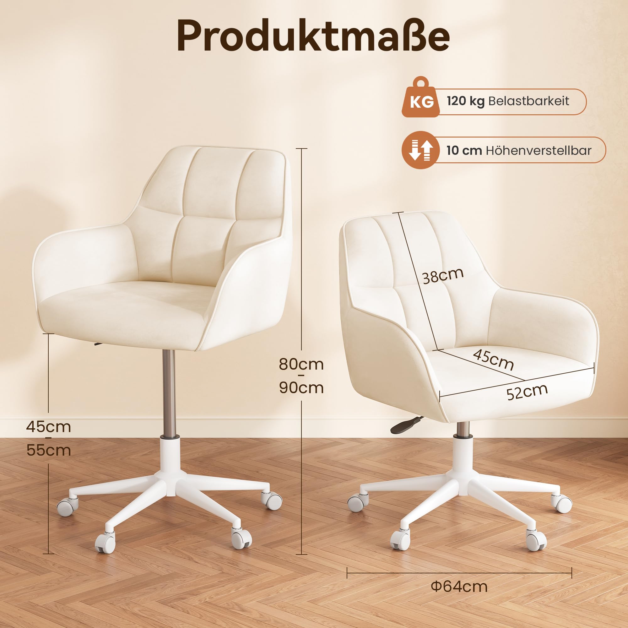 YOUDENOVA Schreibtischstuhl, Drehstuhl mit Rollen, Schminkstuhl Höhenverstellbar, Homeoffice Stuhl, Bürostuhl Ergonomisch, Vanity Chair für Mädchen Arbeitszimmer Schlafzimmer Büro, Samt Beige