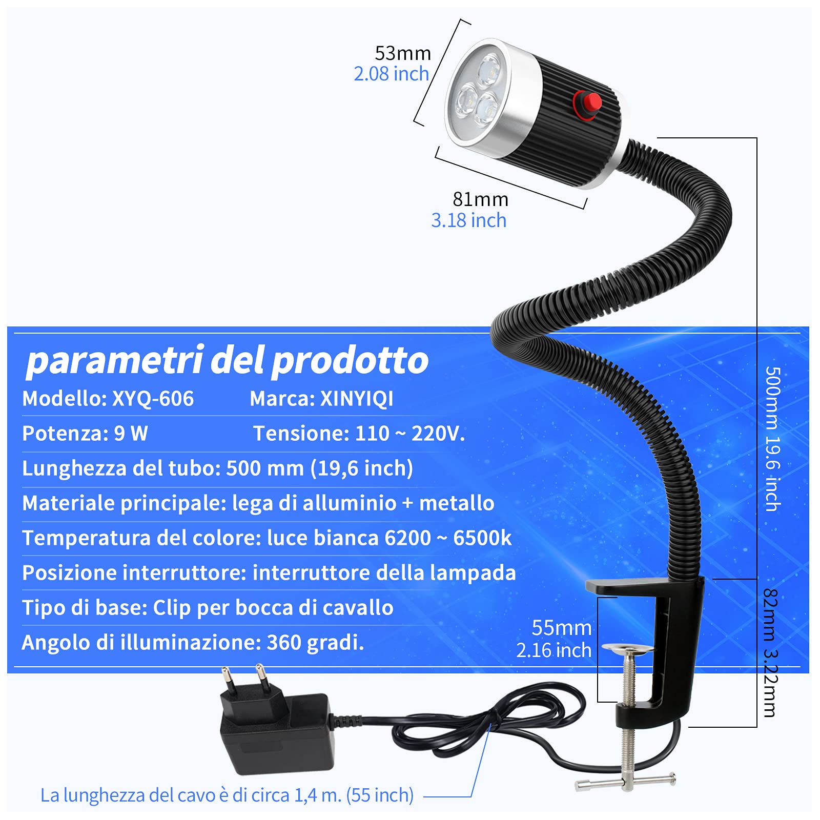 Luce a collo d'oca flessibile a led 900 lumen fissa con morsetto a C Lampada da lavoro per illuminazione industriale per macchine utensili e tornio