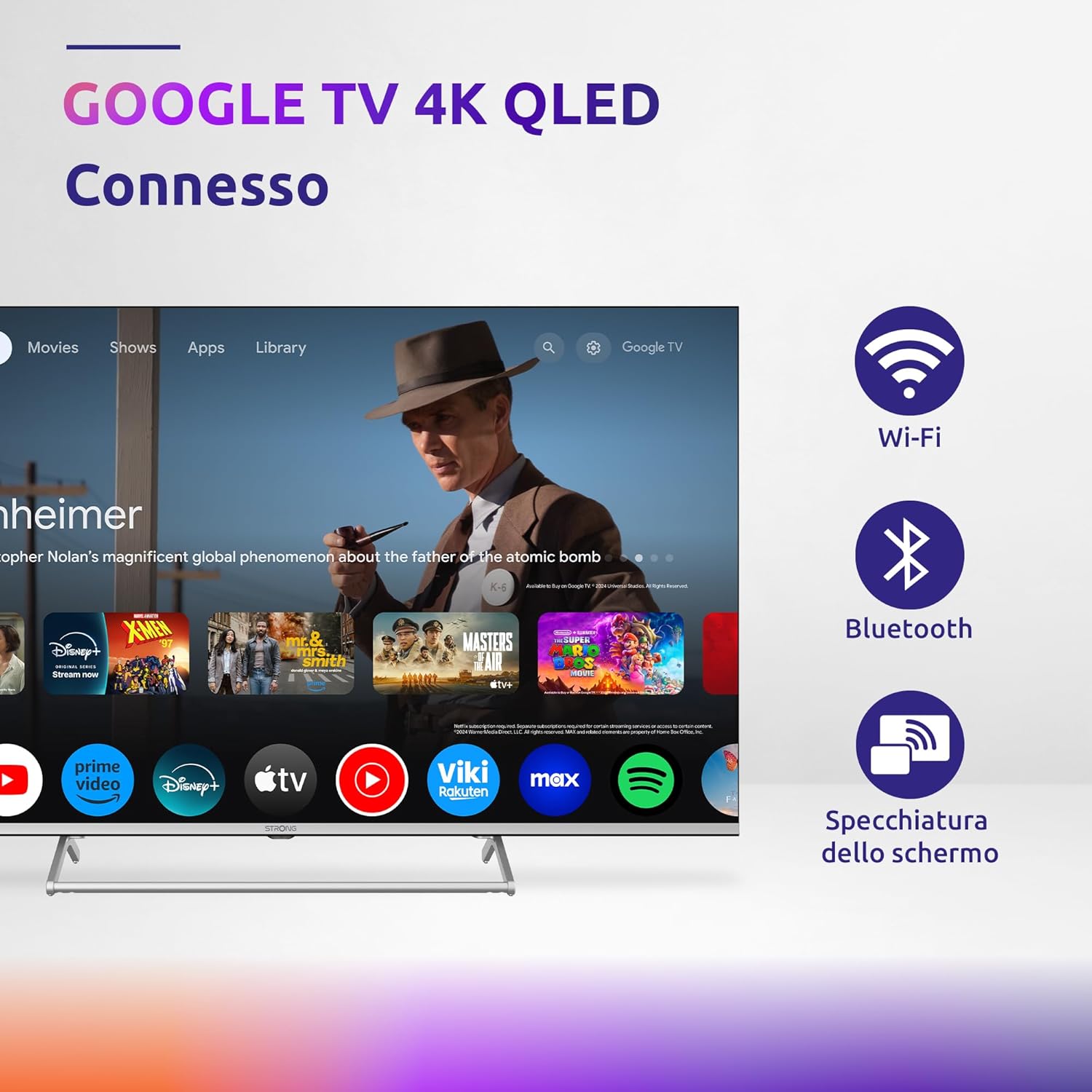Strong SRT65UG8773C TV displaying Google TV interface with icons for Wi-Fi, Bluetooth, and Screen Mirroring.