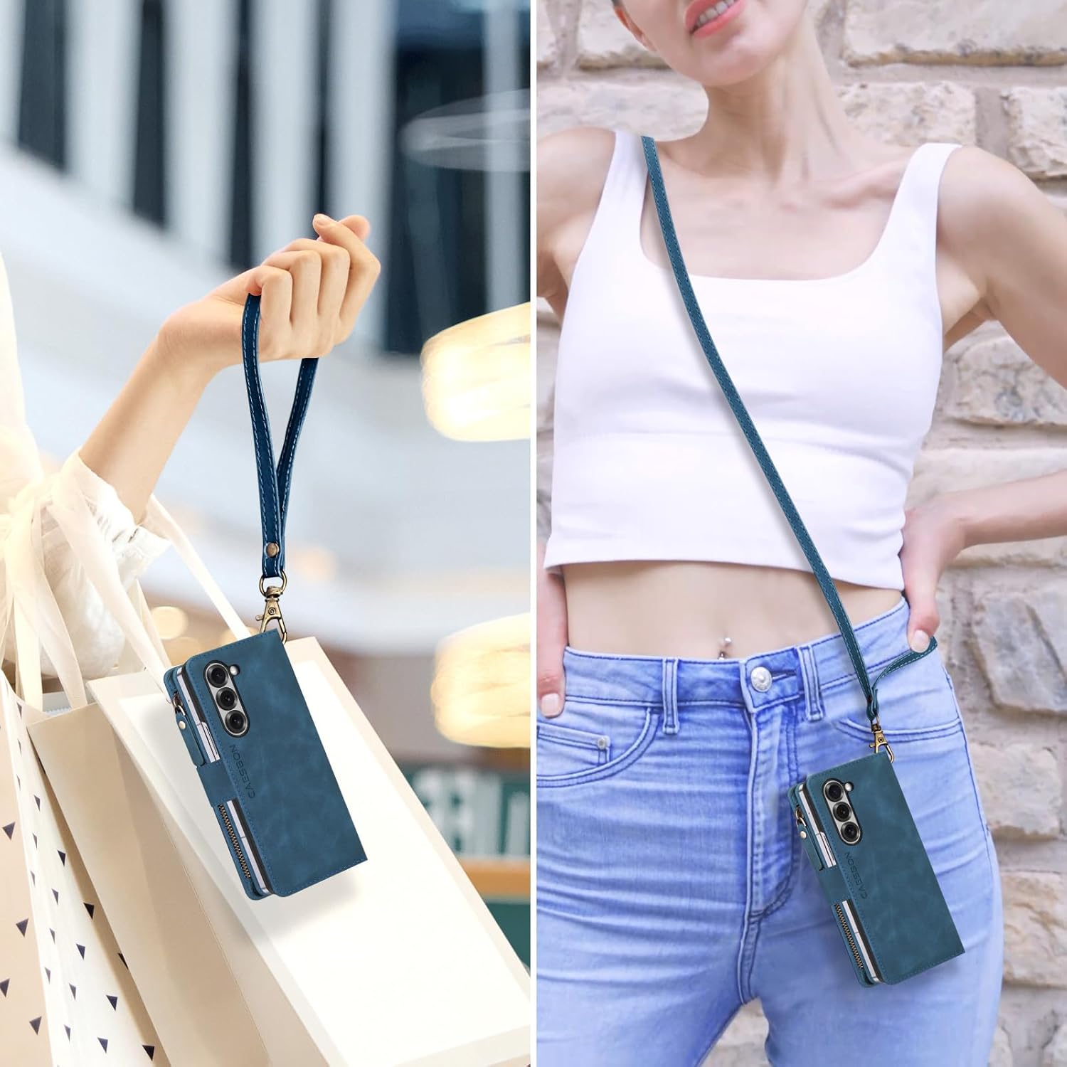 for Samsung Galaxy-Z-Fold-6 Wallet Case: with RFID Blocking Card Slots (6 Cards) & Hidden S Pen Holder | Soft PU Leather Magnetic Snap Zipper Wrist Strap Protective Phone Cover - Blue