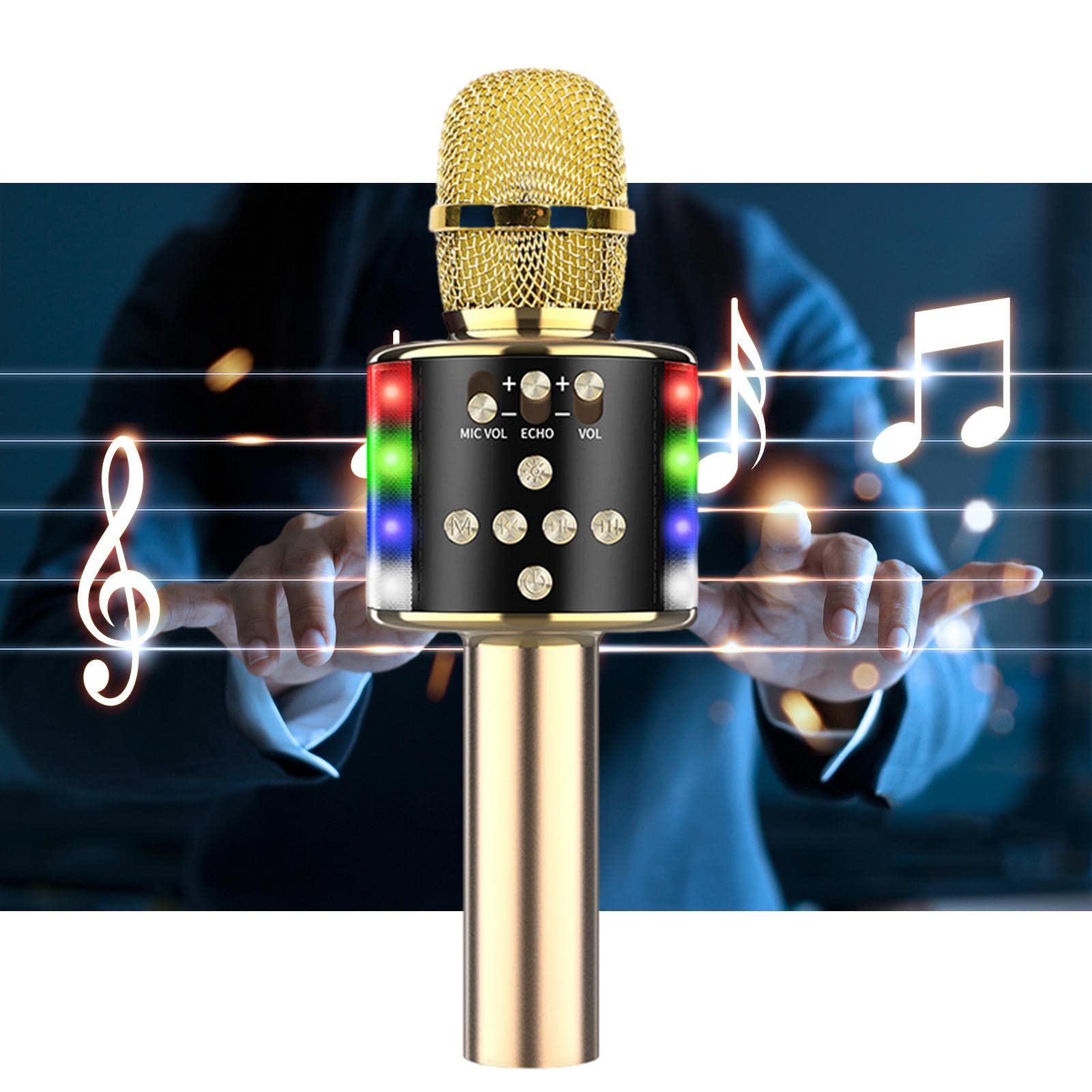 Karaoke - Microfono wireless con LED Dancing s, suono audio professionale e batteria a lunga durata, microfono portatile per feste in casa, bambini, ragazze, ragazzi, adulti, Bluetooth 4