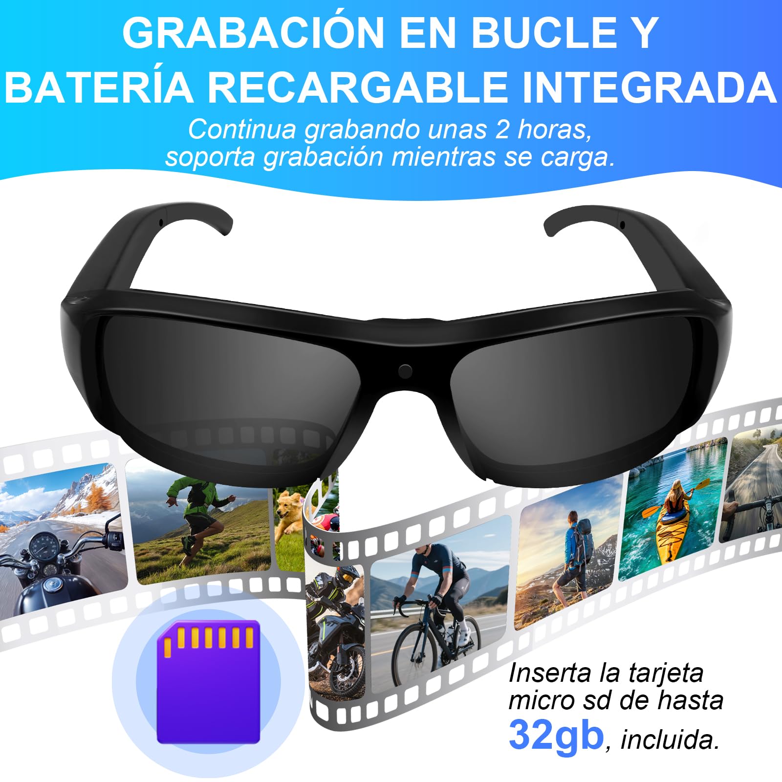 Cámara Deportiva con Gafas de Sol HD 1080P, Mini Cámara de Acción con Gafas