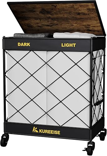KUREEISE Cesta para ropa sucia con ruedas, cesta de lavandería de 29.1 galones (110 litros) con 2 bolsas de forro extraíbles, cesta de ropa de 2