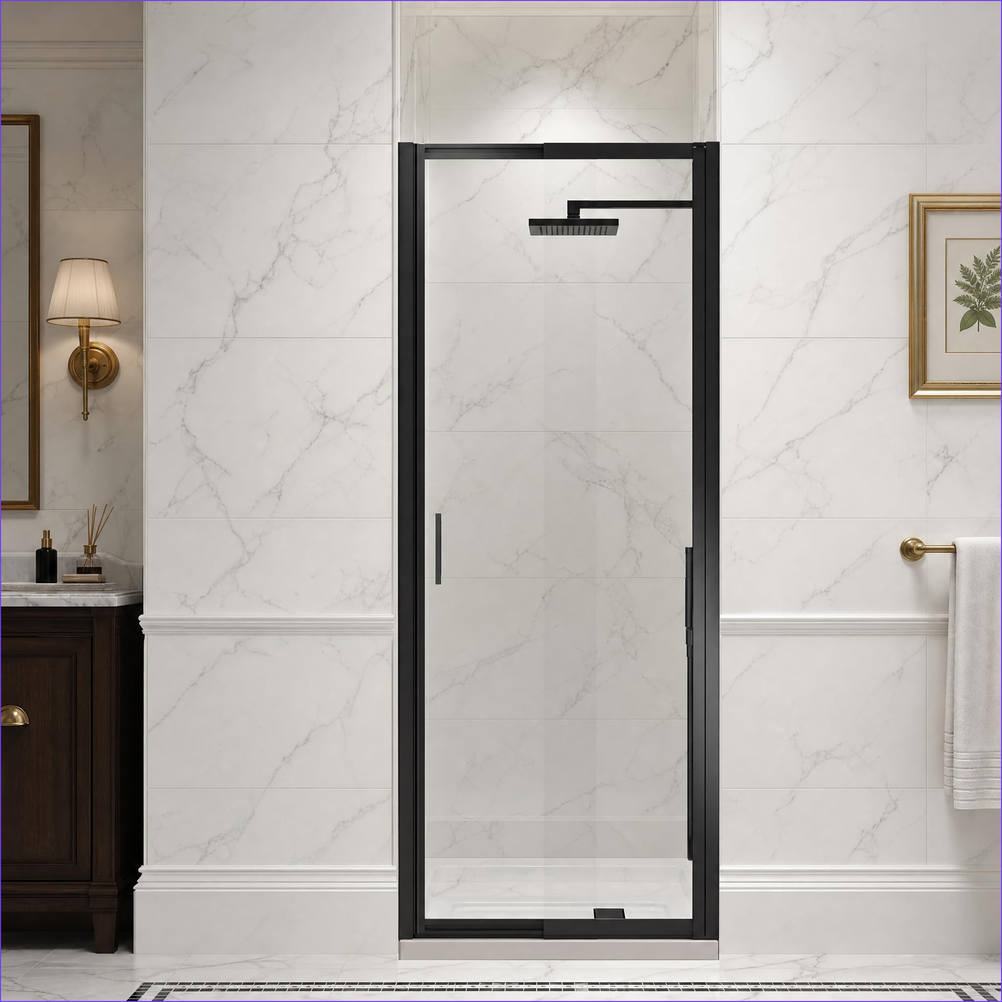 Photo 1 of 27-30" W x 72" H Pivot Swing Glass Shower Doors, 180° Rotating Retractable Bathroom Shower Door, Frameless Sliding Extended Bypass Shower Door with 3/16"(5mm) Clear SGCC Tempered Glass Matte Black