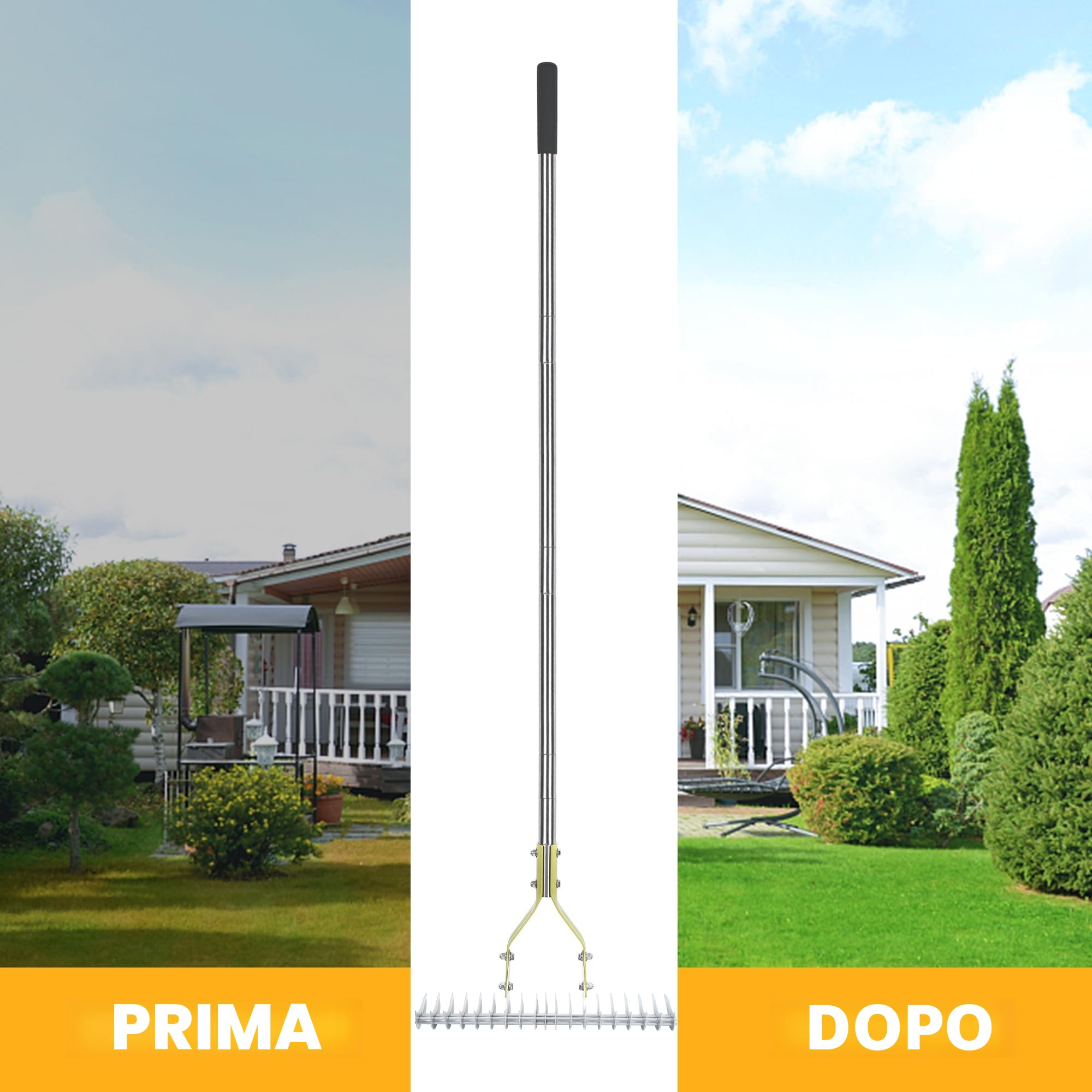BARAYSTUS Rastrello per paglia e prato con manico regolabile da 148 cm, pinza robusta in acciaio al carbonio, pettine multiuso per diserbo e concimazione