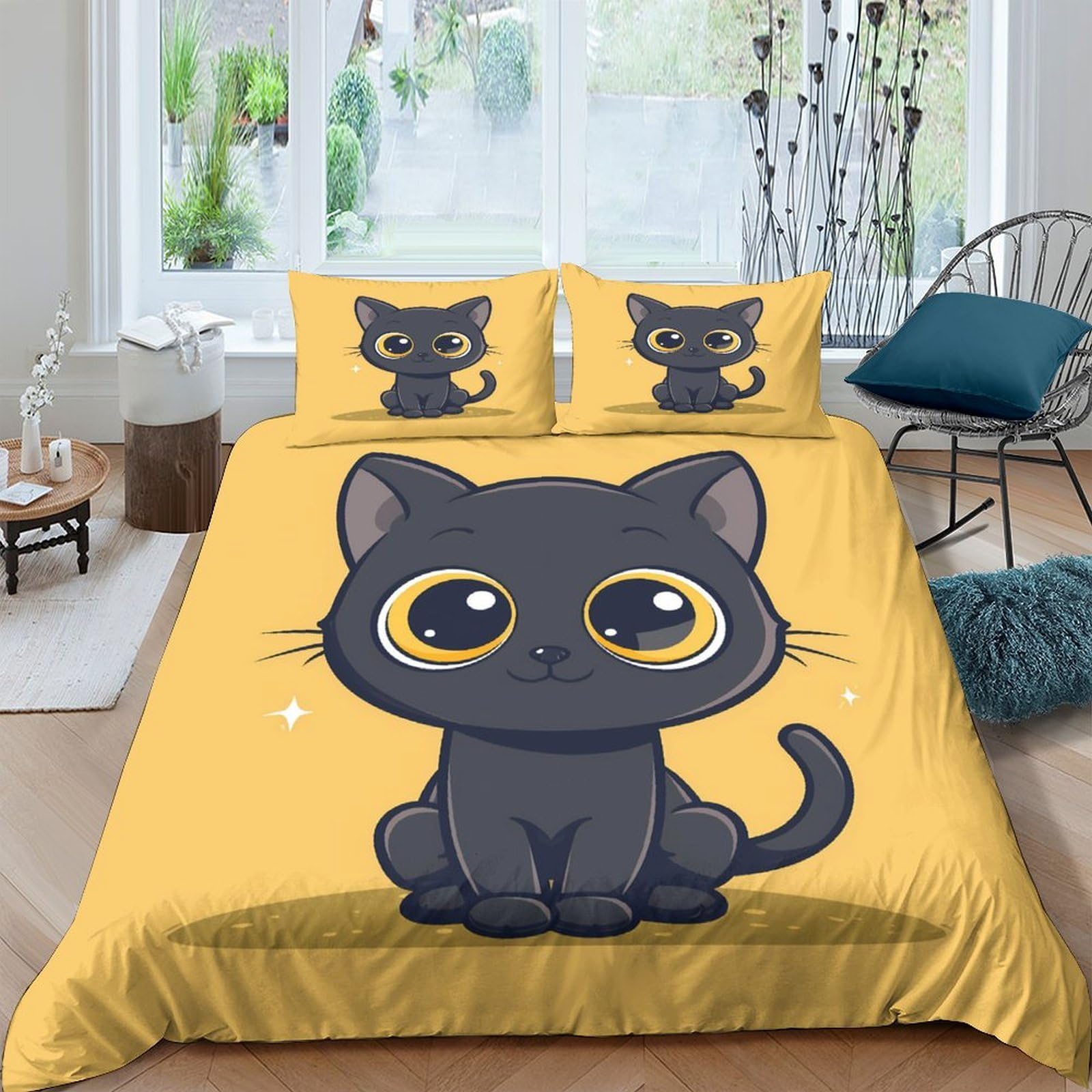 Ctjqhvkz Style-8 3D Printed Cute Black Cat Fitted Sheet Microfiber Yellow Cartoon Bed Cover For Bedroom Guest Room Decor Single（135X200cm）