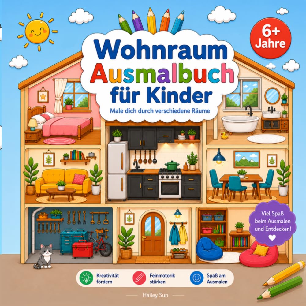 Wohnraum Ausmalbuch für Kinder: Über 50 gemütliche Räume zum kreativen Ausmalen, Entdecken und Gestalten | Für Kinder ab 6 Jahren