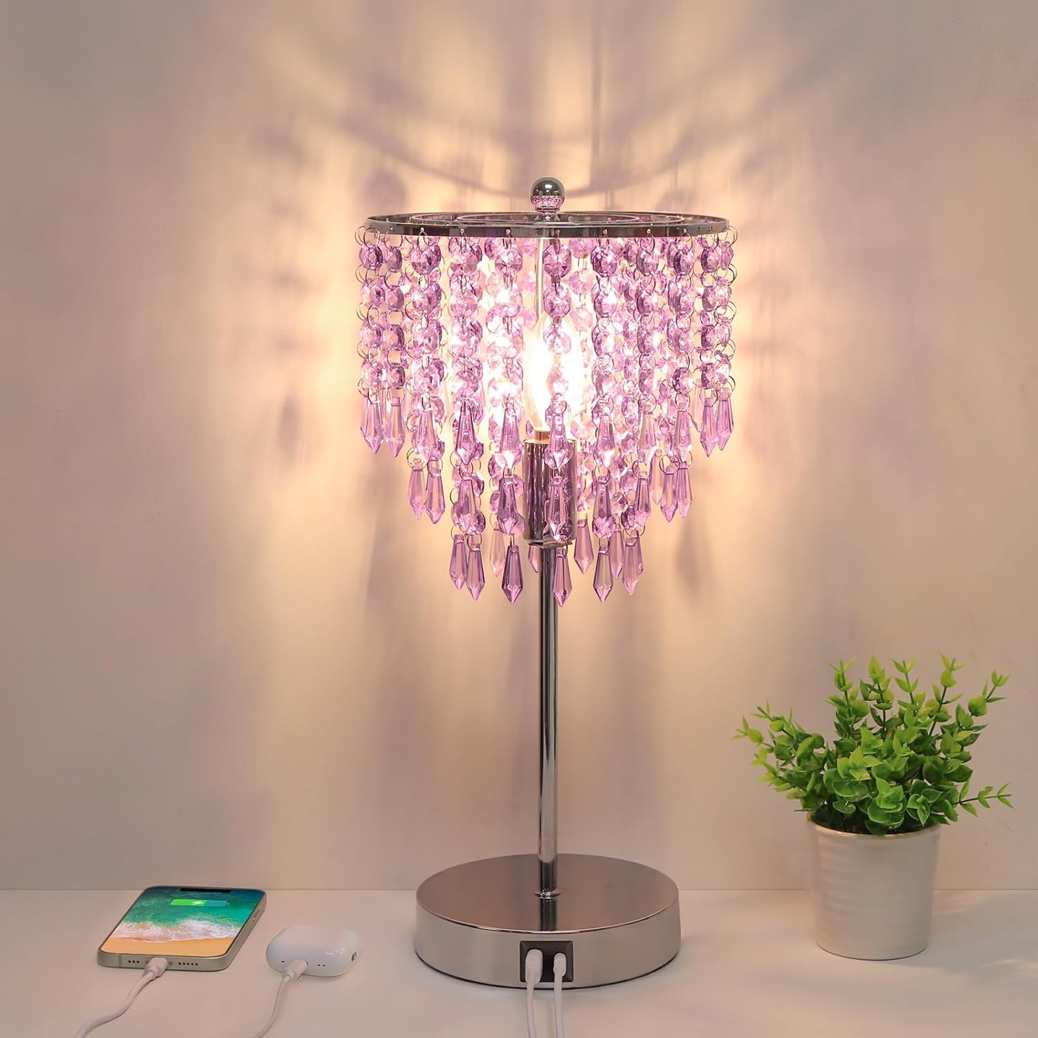 Dimmable bedside crystal lamp with purple tones and USB charging, adding sparkle to the room.