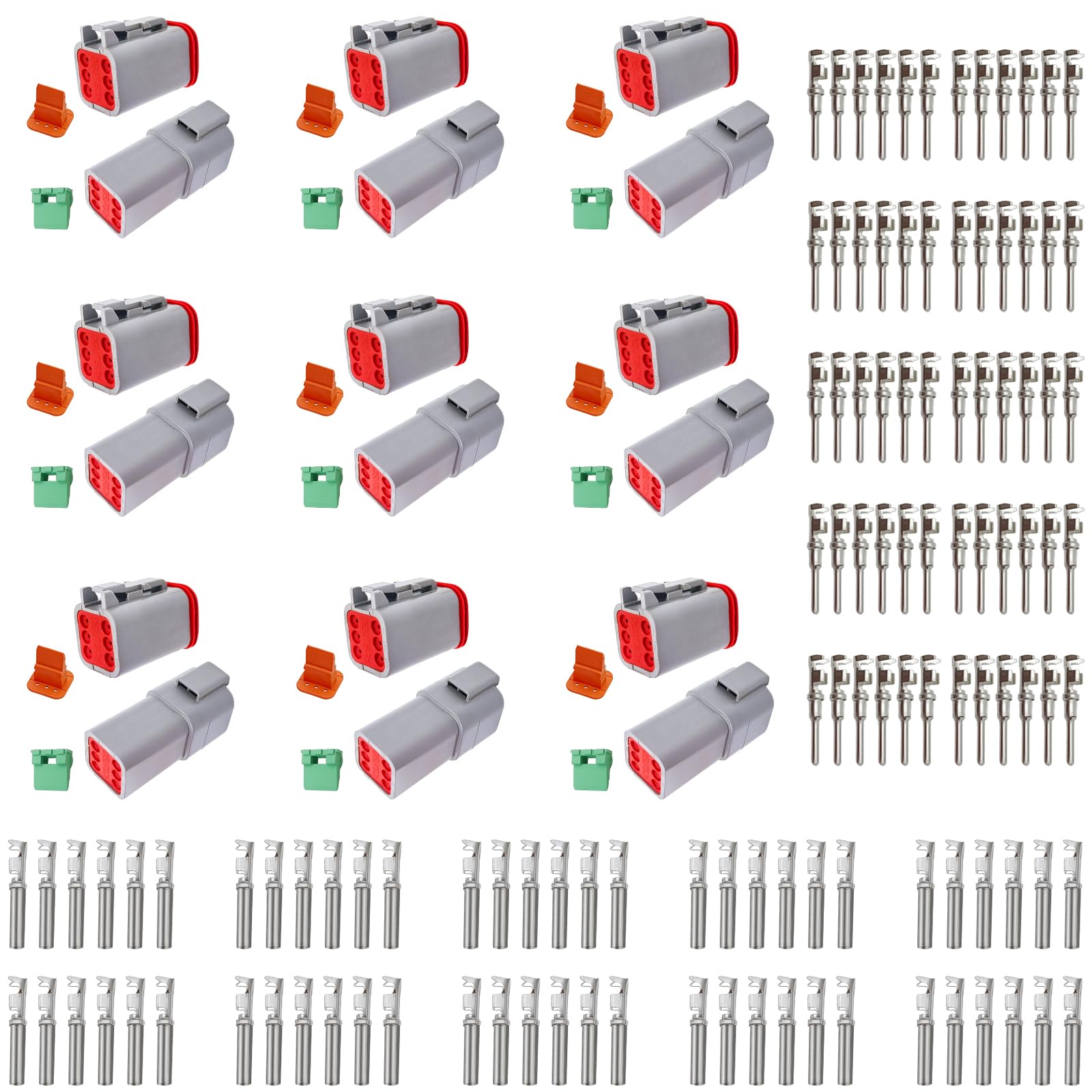 166 Pack Deutsch DT 6 Pin Connectors, Grey 10 Set Waterproof Electrical Wire Connector with Seal Plug and Stamped Contacts for Off-Road Vehicles, Agriculture, Truck, Construction
