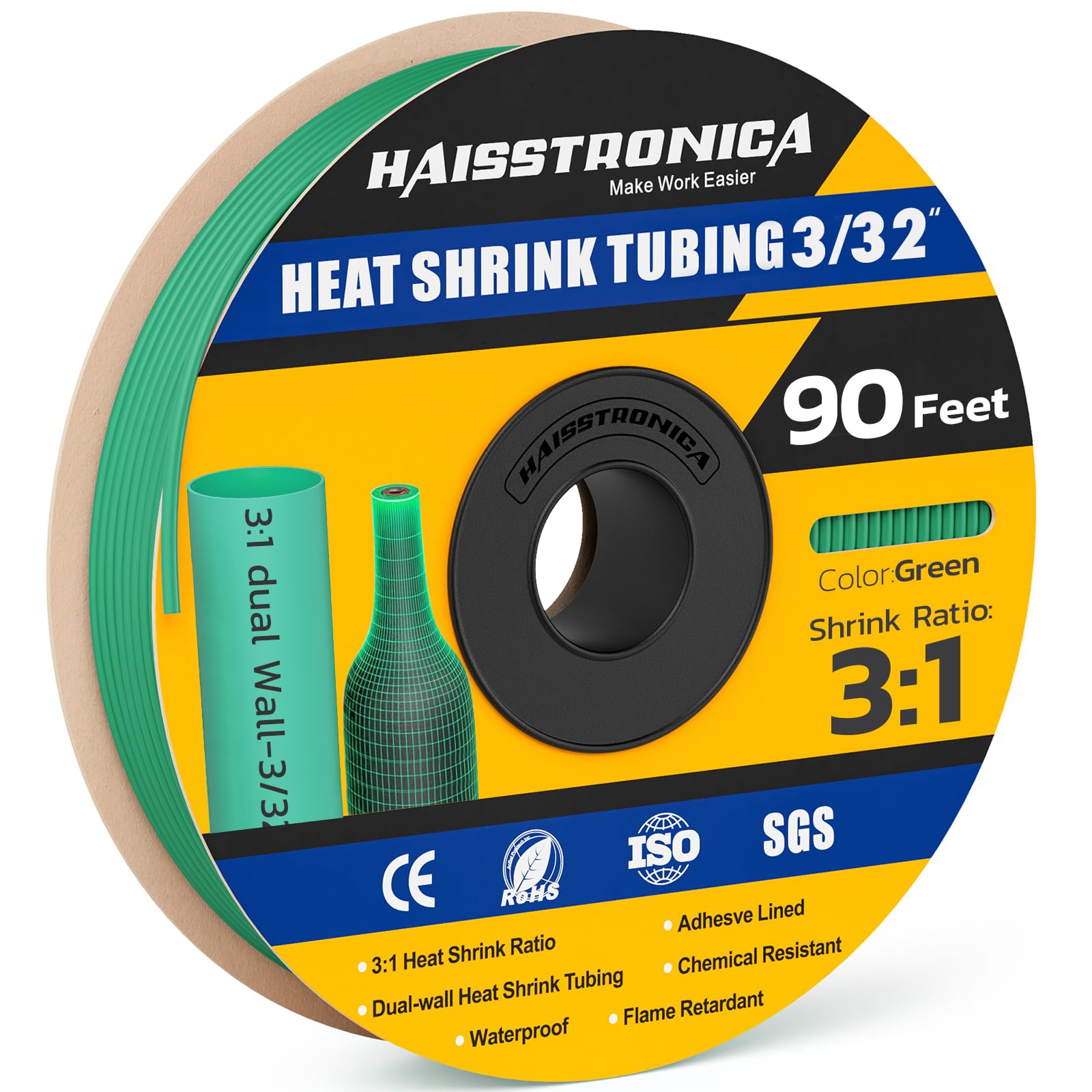 haisstronica 3:1 Heat Shrink Tubing, Shrink Ratio Adhesive Lined Marine Grade Heat Shrink Tube for Home, Automotive and Industrial (Green) 90FT 3/32inch