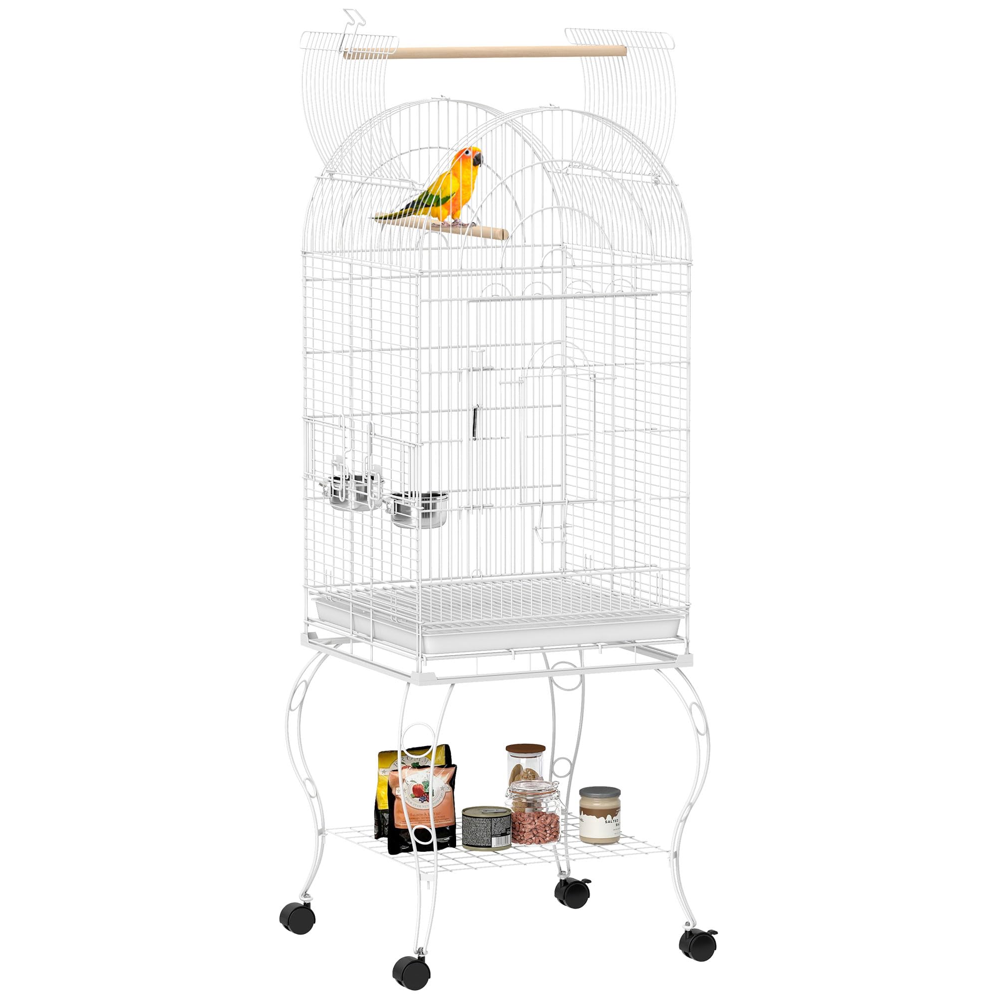 PawHut Jaula para Pájaros con Ruedas y Estante, 51x51x153 cm, Jaula Grande con Parte Superior Abatible, 2 Comederos, 2 Perchas, 4 Puertas y Bandeja Extraíble, para Loros y Canarios, Blanco