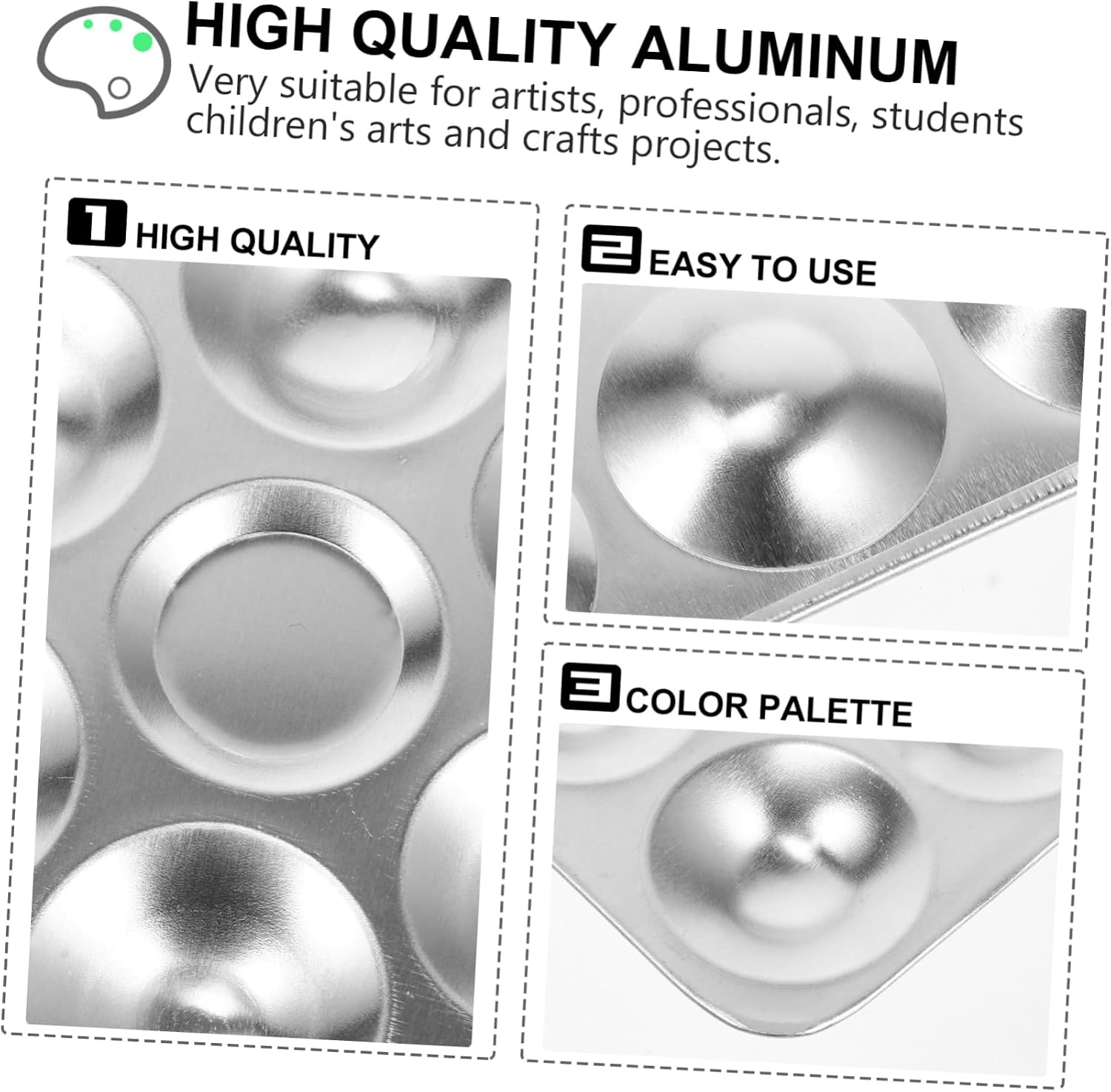 3pcs Aluminum Paint Tray Palette for Watercolor and Oil Painting Compartment Compartment Square Round Mixing Pallets Reusable Lightweight Art Supplies for Artists Students DIY