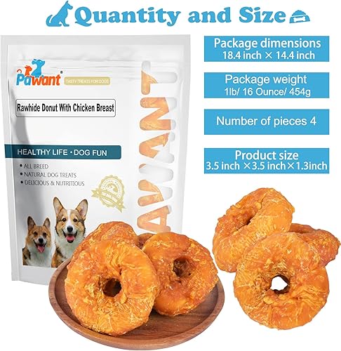 Miniatura 10 de Pawant Golosinas para perros de larga duración para perros grandes, dientes limpios envueltos en pollo, donas de cuero crudo, 0.5lb227g