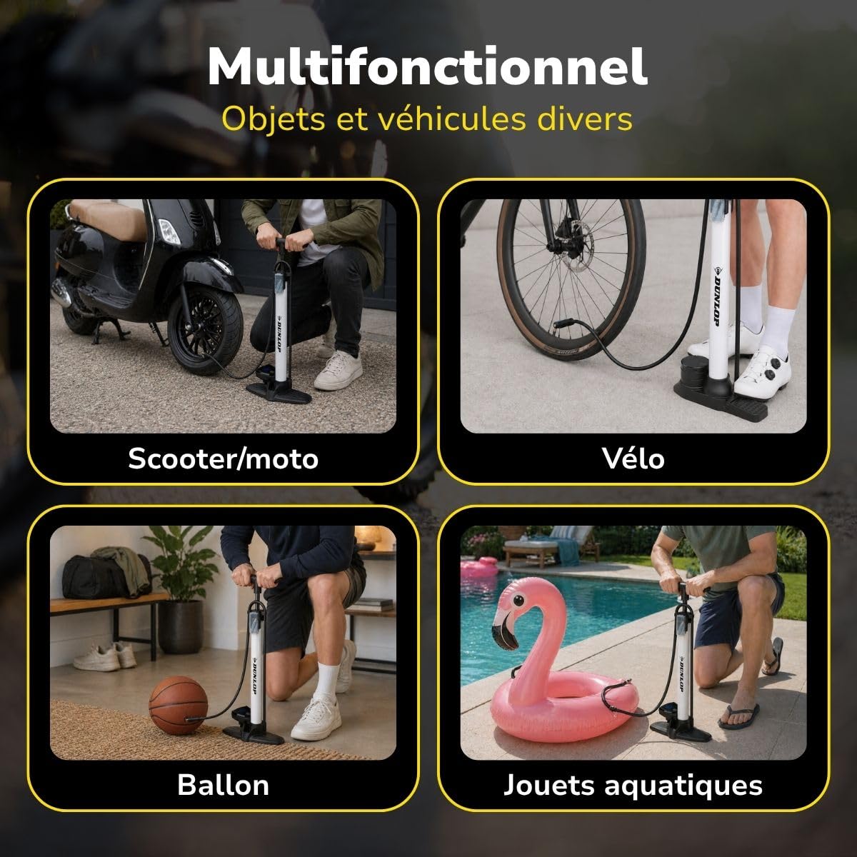 Dunlop Pompe à vélo numérique - Pompe à vélo avec manomètre numérique - pour Valve Schrader Presta Dunlop - 120 PSI 8,3 Bar - avec Adaptateur et Aiguille à Ballon