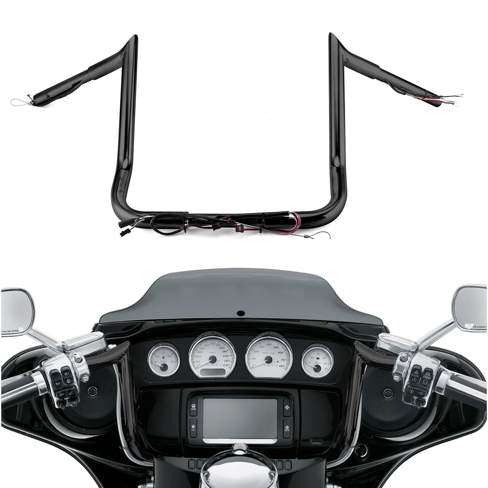 Mofun Pre-wired 12" Ape Hangers Bagger Handlebars 1 1/4" Compatible with Harley Touring Street Glide Ultra Limited Electra Glide With Batwing Fairing, 2014-2023 Gloss Black