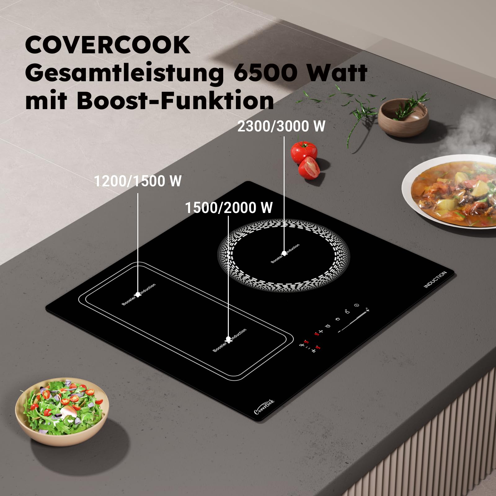 Placa de inducción 60 cm 3 luces función boost cocina eléctrica placa de control táctil potencia ajustable con seguridad cerradura y temporizador electrónico cocina moderna calefacción rápida