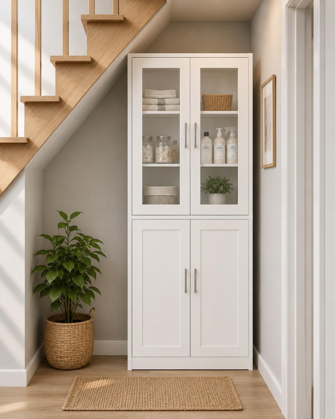 Armario Escobero y Mueble Auxiliar con Puerta de Cristal, Armario Columna de Cocina para Aspiradora, Diseño Shaker Blanco, Despensa Alta para Lavadero y Entrada, 65x30x165cm