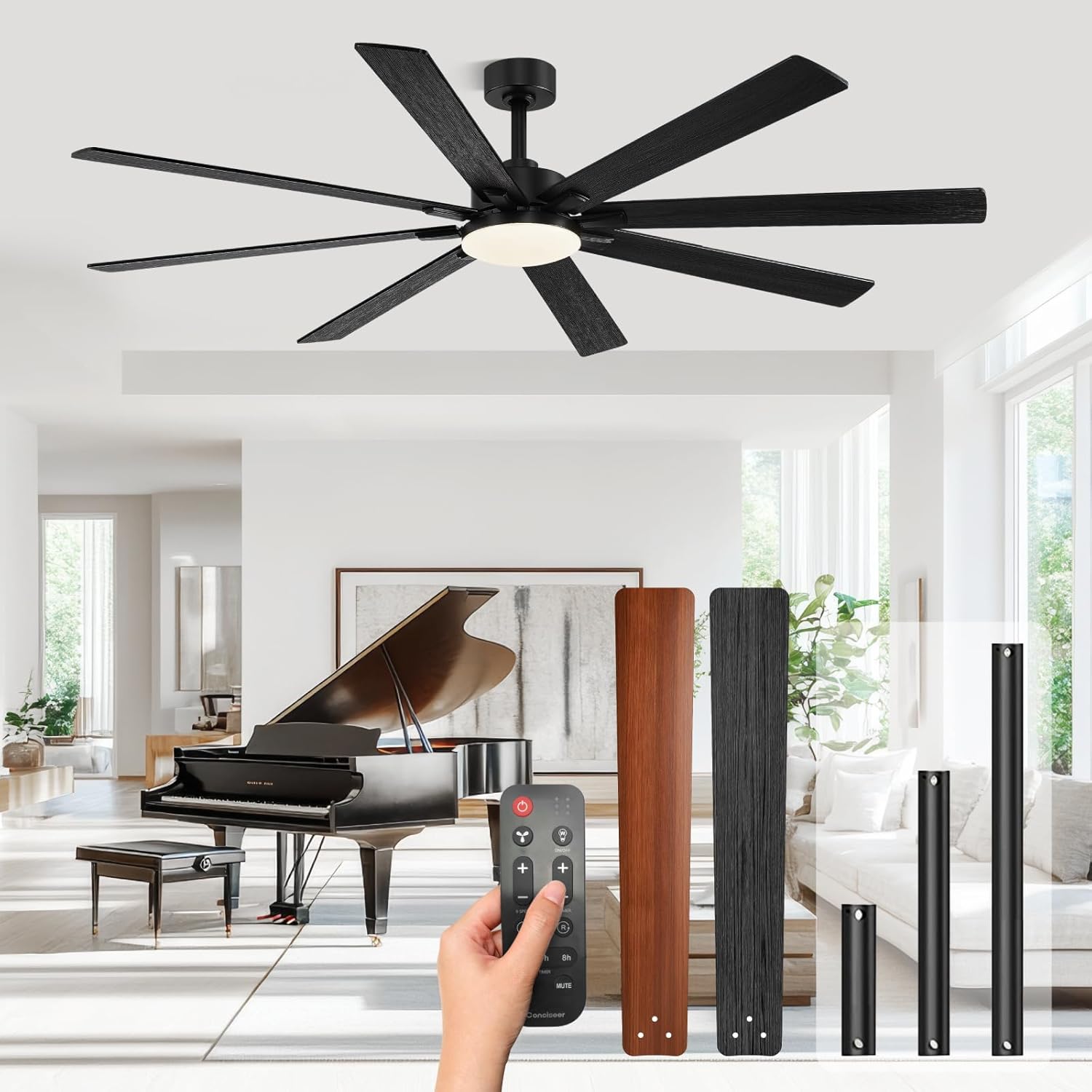 Modern 72 Inch Ceiling Fans with Lights and Remote,Living Room Office Library Cafe Outdoor Industrial, 3CCT Dual Color 8 Blades 6 Speed Reversible Quiet DC Motor, Black/Wood Grain Black/Wood-1 72inch