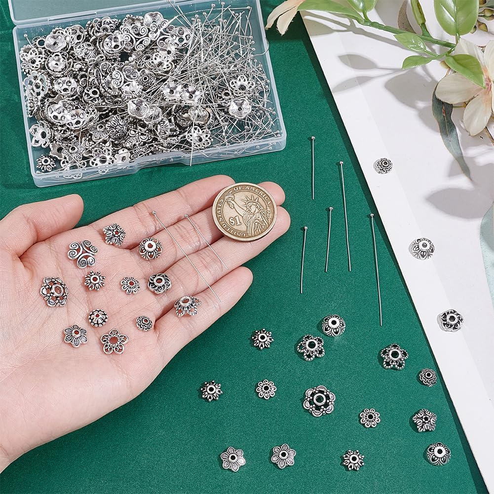 PH PandaHall 384pcs Head Pins for Jewelry Making 192pcs 30mm 50mm Ball Head Pins with 192pcs 12 Styles Flower Bead Caps Spacer Beads Brass Headpins for Craft Earring Bracelet Necklace, Antique Silver