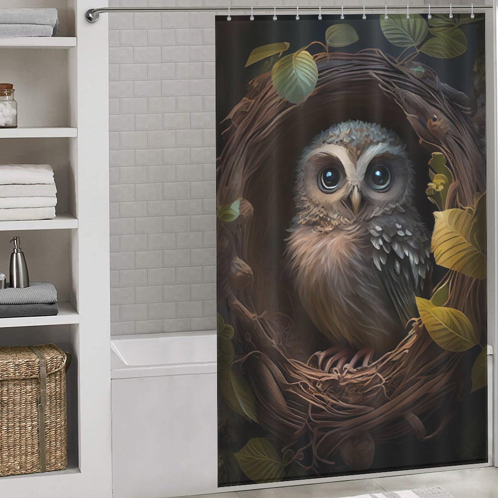 Rideau de douche hibou 140x183 cm en tissu polyester imperméable lavable avec 12 crochets