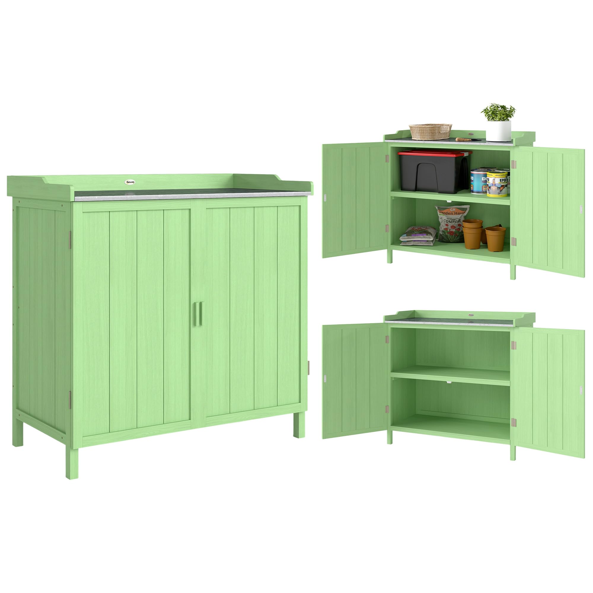 Outsunny Wood Garden Storage Cabinet, Outdoor Tool Shed, Potting Bench Table with galvanised Top and Two Shelves for garden Tools or Pool Accessories, Green