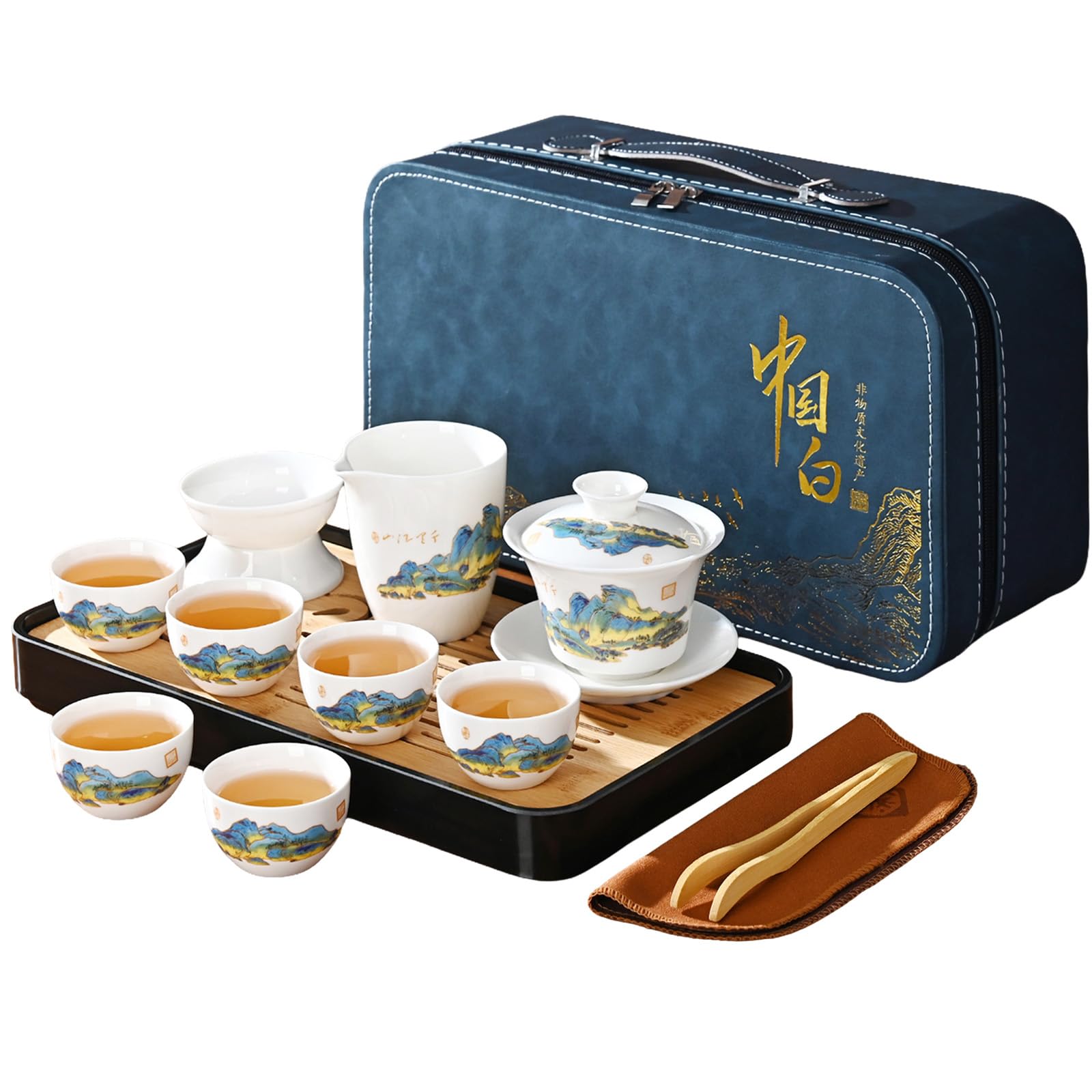 Chinesisches Teeset Traditionelles Chinesisches Kung-Fu-Teeset für Erwachsene, Gaiwan Teeset mit 6 Tassen (QLJS Gaiwan6)