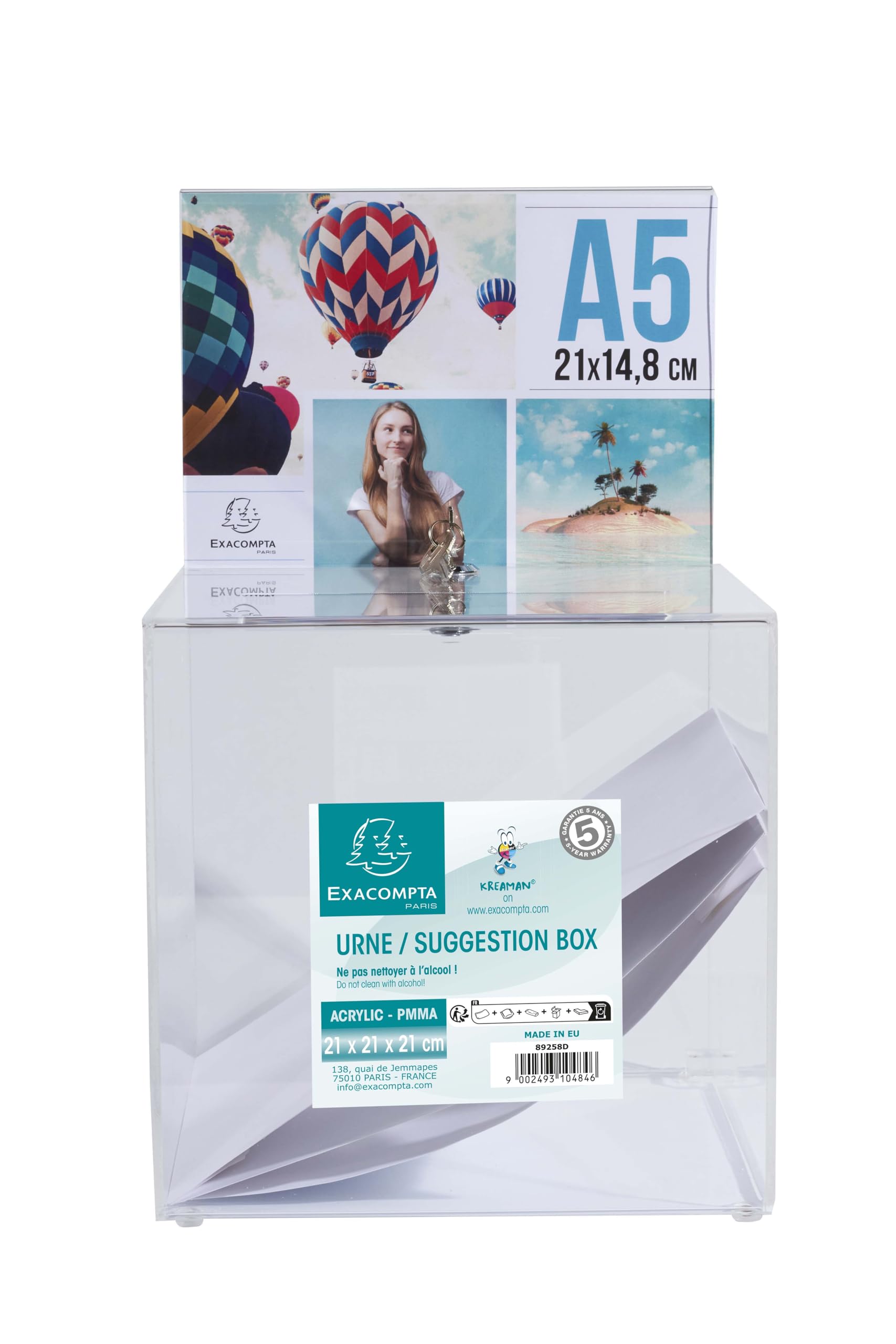 Exacompta - Rif. 89258D - 1 urna con coperchio chiuso a chiave, per banconote, scrutini, scatola per idee, regali, con poster A5, acrilico trasparente, dimensioni: 21 x 21 x 21 cm, colore cristallo