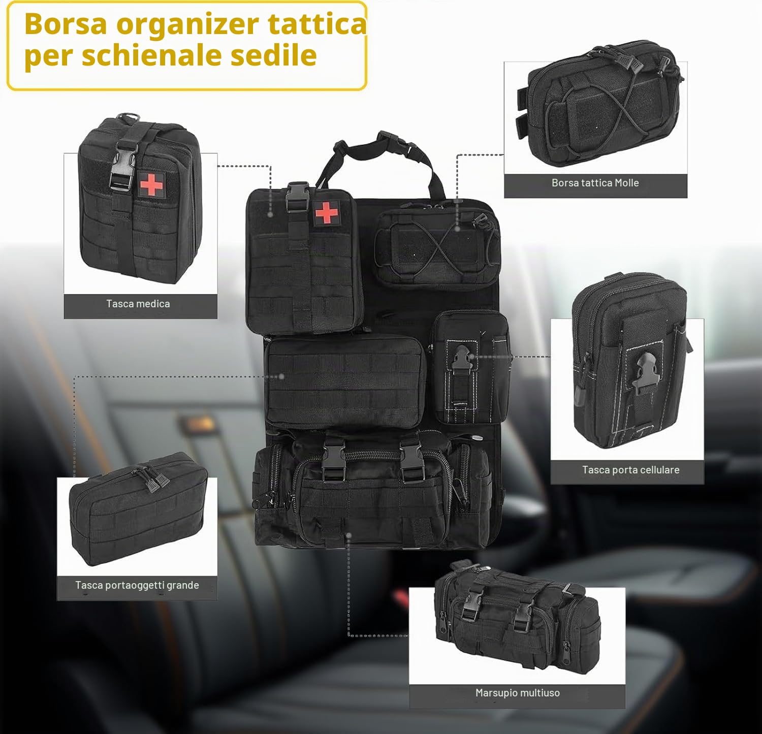 Organizer tattico per sedile posteriore, borsa portaoggetti tattica con pannello Molle per veicoli con 5 tasche staccabili, organizer per pannelli tattici per veicoli adatti a tutti i veicoli