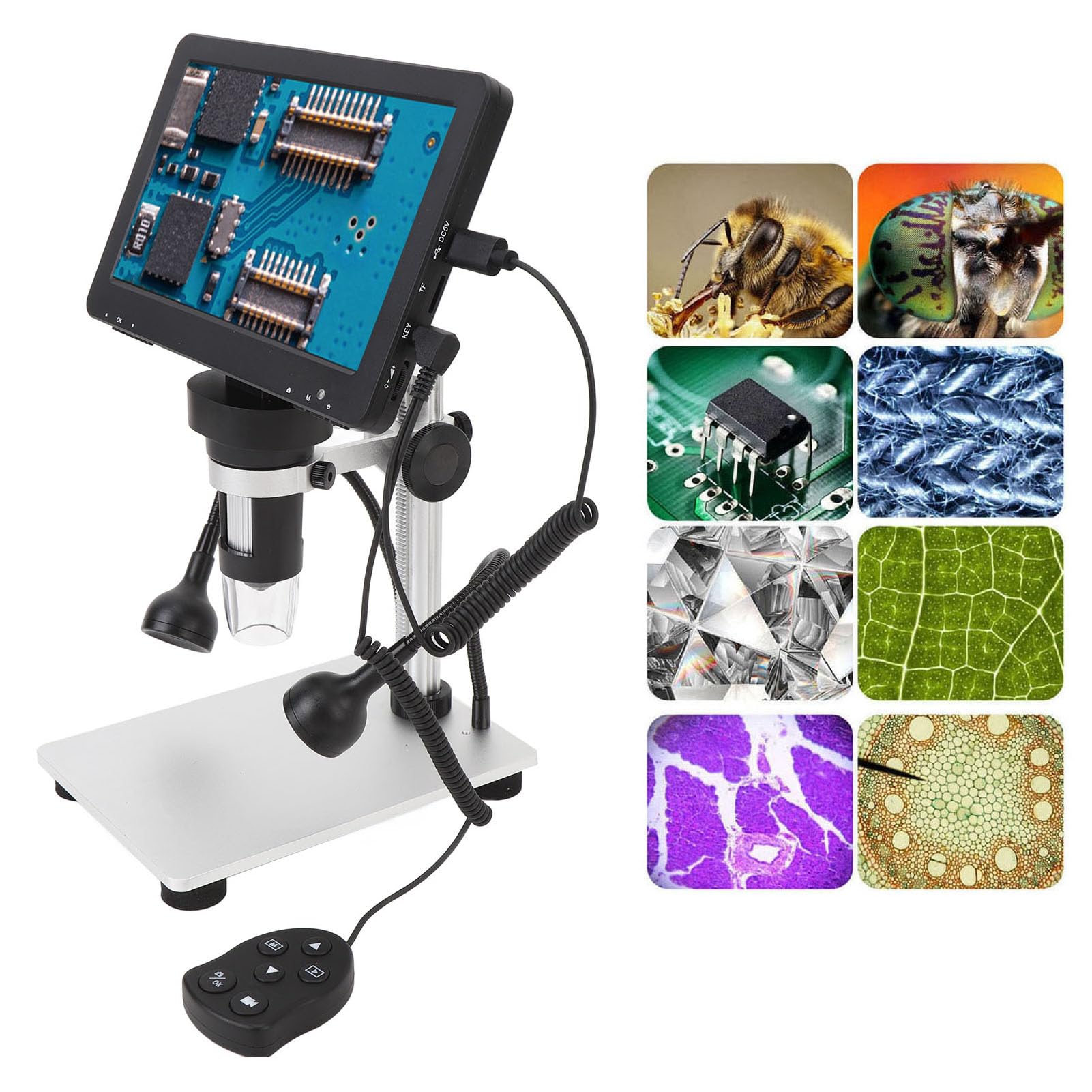 Microscopio Digital, Mini Microscopio de Altura Giratoria 1200X 1080P, Computadora de Proyección de Microscopio LCD de 7 Pulgadas con 2 Luces Laterales Ajustables y 8 Cuentas de