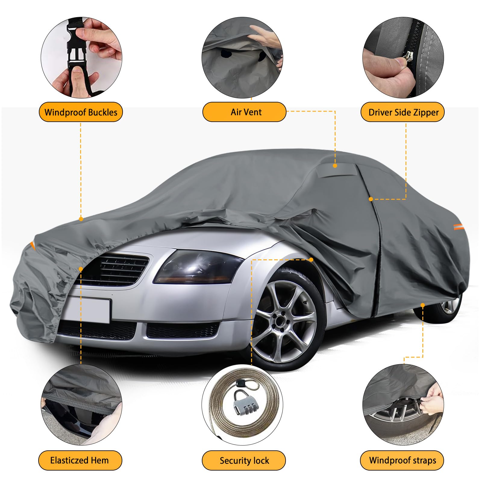 Autoabdeckung Wasserdicht für 1998-2006 Audi TT 8N, Vollgarage Autoplane | Auto Abdeckplane Winter Sommer Allwetter Outdoor Abdeckung mit Reißverschluss Tür, Windschutzbänder, Grau