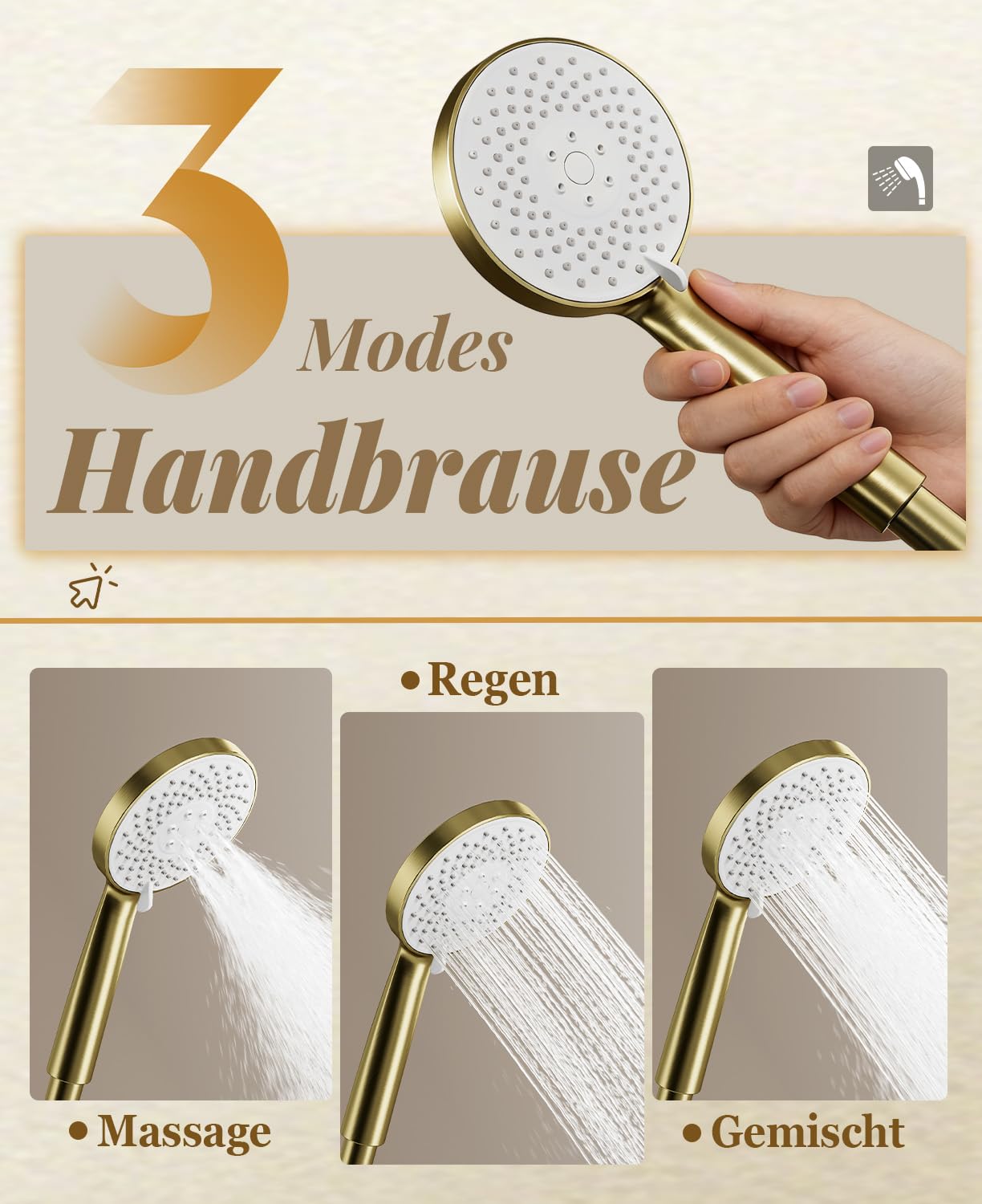 Duschsystem,Duscharmatur Komplettset gold 3 in 1, mit 23 cm Regenduschkopf | Duscharmatur Set gold mit Handbrause 3 Modus, wasserfall Badewannenarmatur, Duschsäule Messing, Höhenverstellbar, Duschset