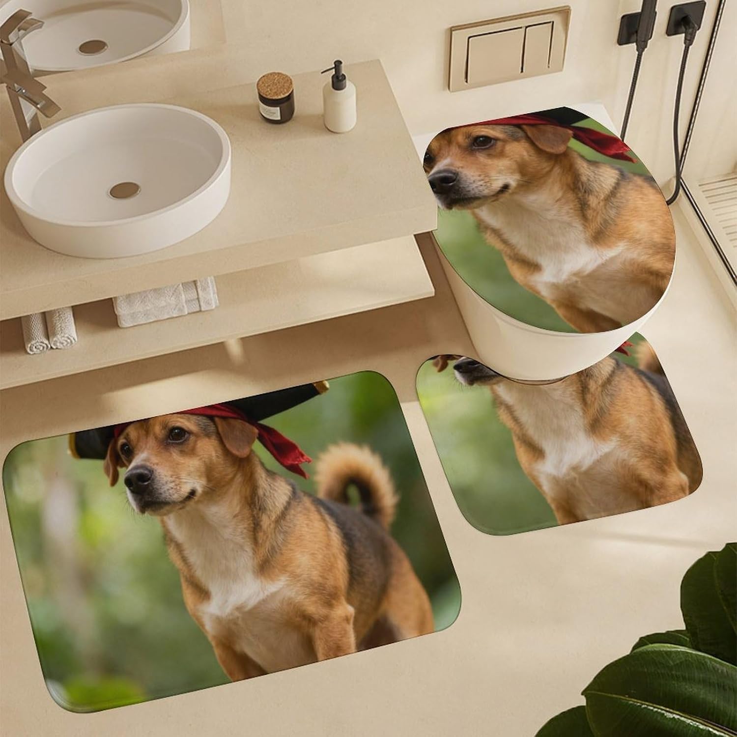 4 Piece Bathroom Rug Set with Shower Curtain, Non-Slip Bath Mat Toilet Cover Set, Jungle Scout Bathroom Rug Sets