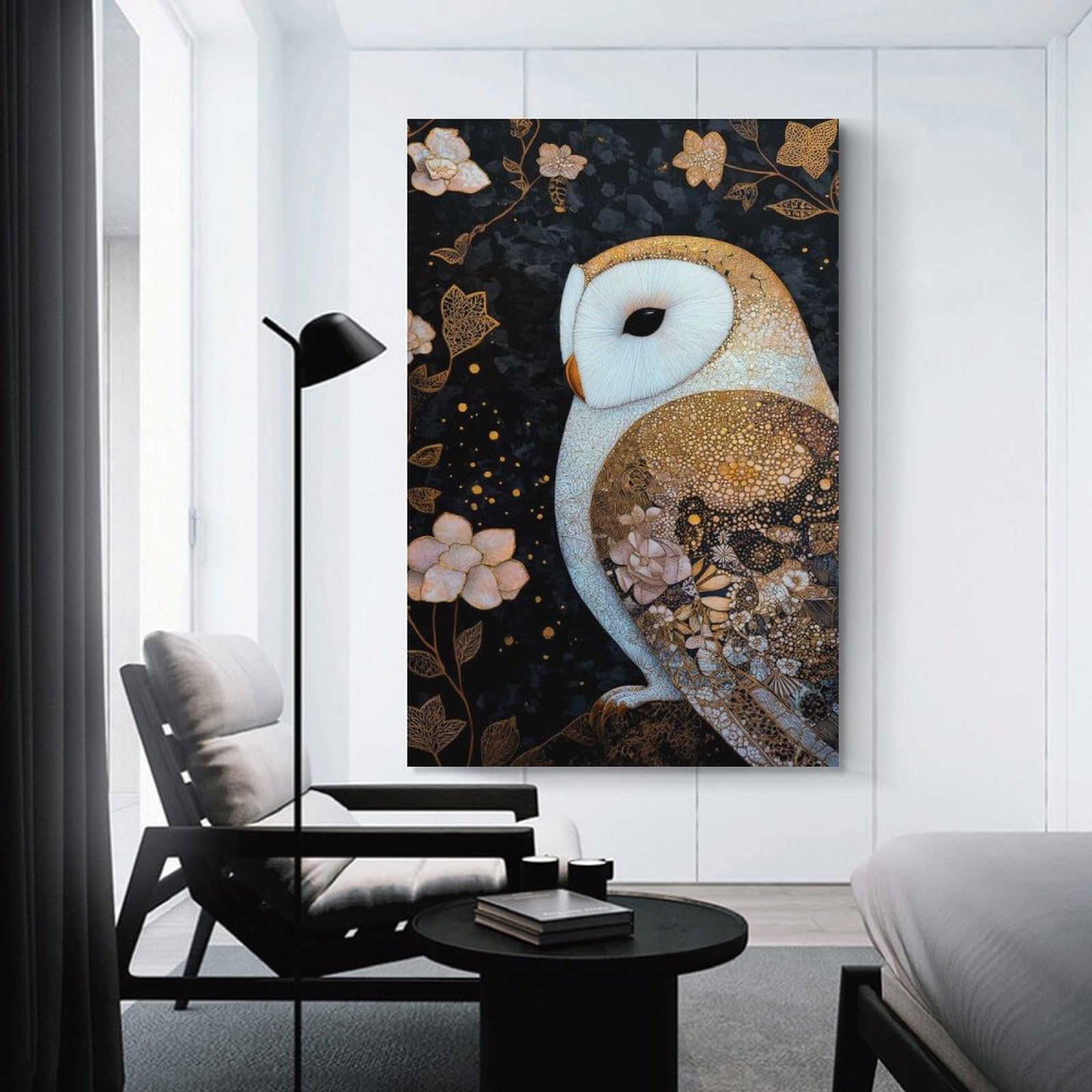 Junmoney Elegant Owl with Floral Accents Canvas Art Print, 12x18inch(30x45cm), for Bedroom Decor, Cosy Corners Or Studios, A Warm Accent for Relaxed Interiors