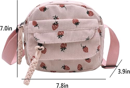 Miniatura 20 de Bolso cruzado de pana de fresa para mujeres y niñas, bonito bolso de mano con diseño de fresa, bolso de mensajero pequeño, bolso de hombro